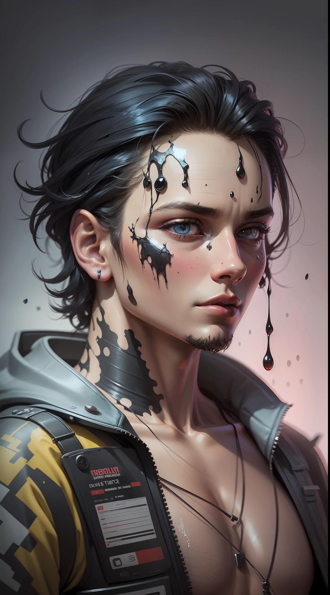 a digital tv store male mannequin hi fi new media model in the style of gothic industrial decaying figures 4k, octane rendering, dripping paint, data bending environment, male figure, black hair latino