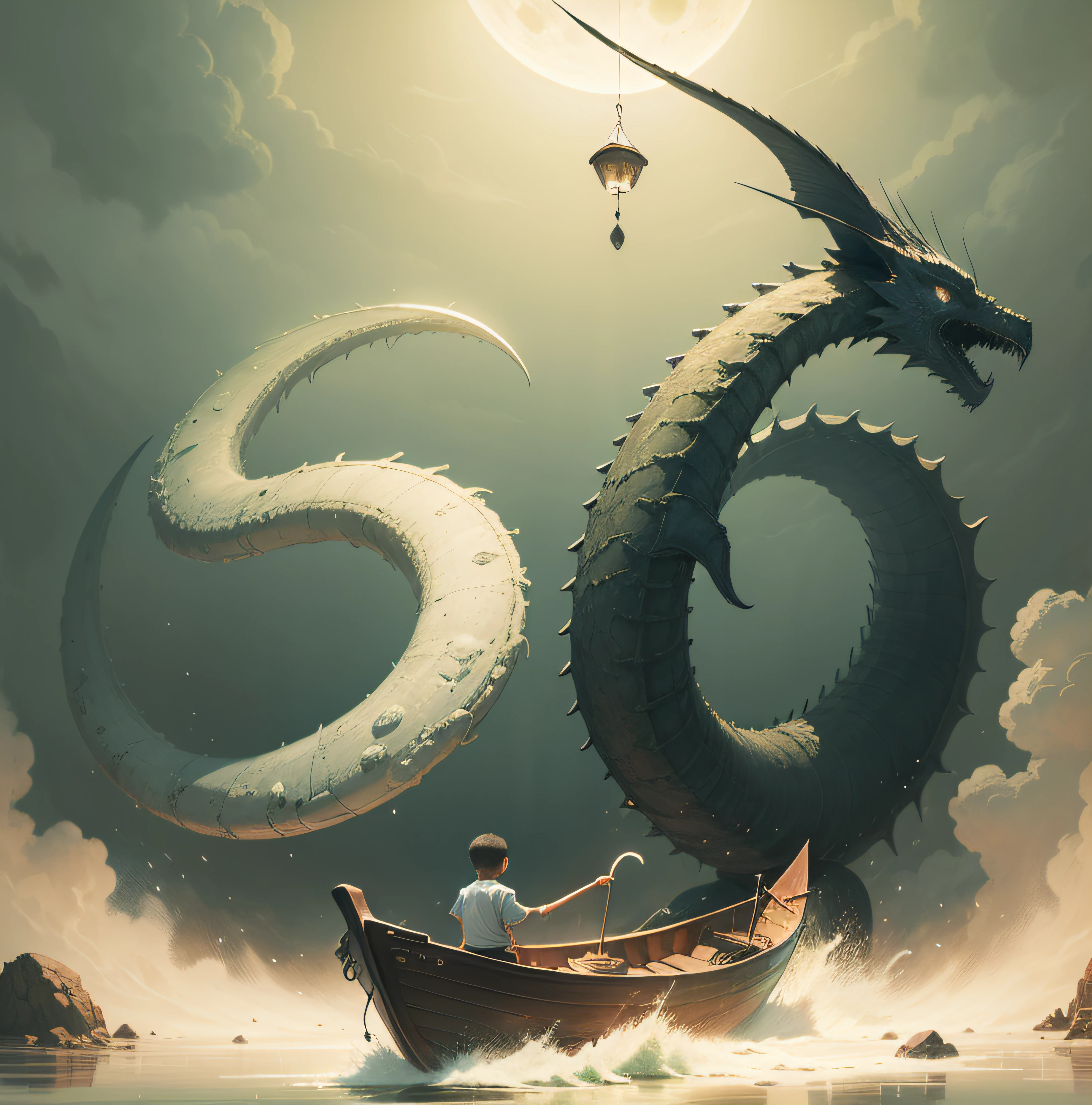 A picture of a warm moonlit night, a little boy standing in a boat, huge crescent moon, blue-purple tone, fresh, illustration style, full of tension, high detail --auto