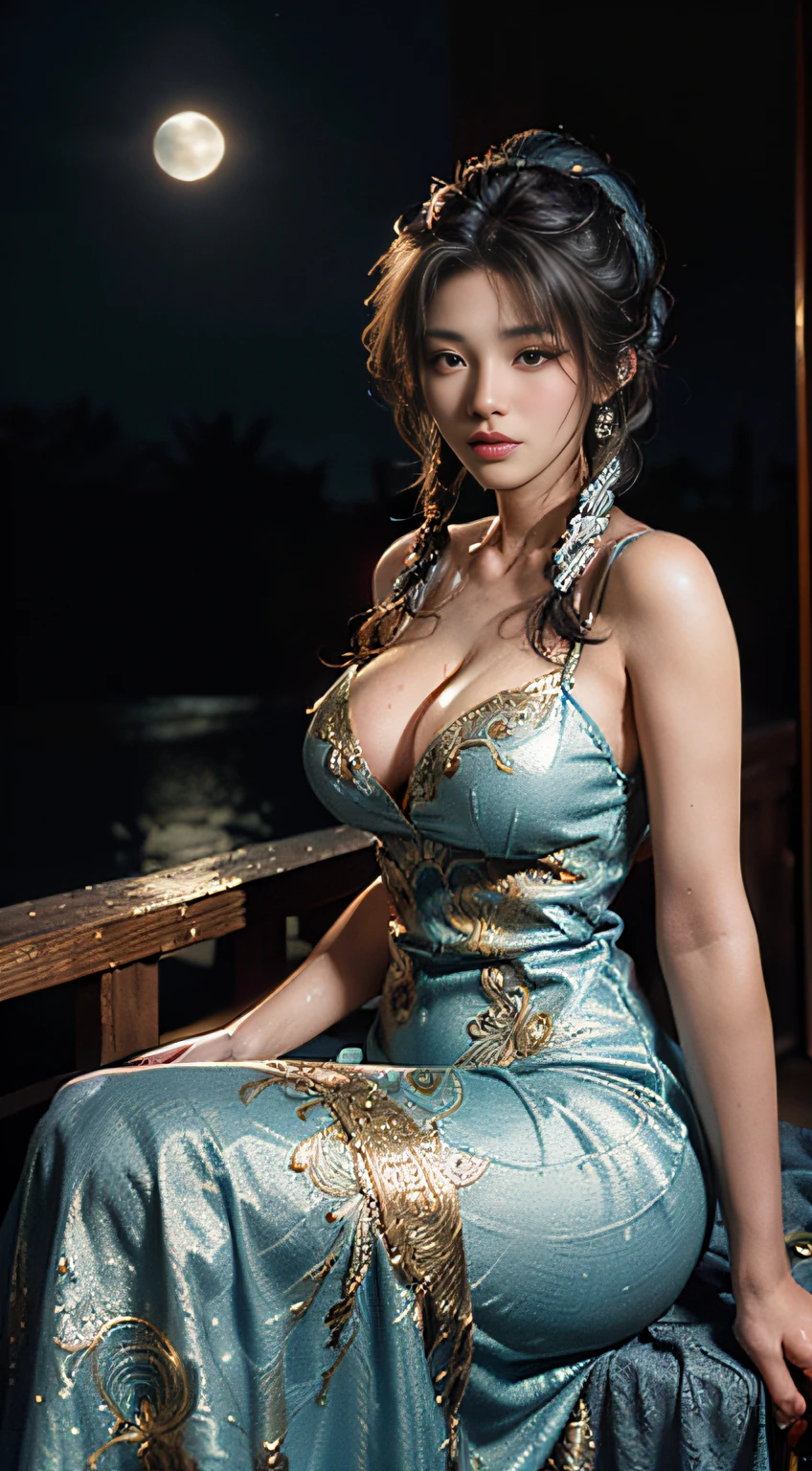 The art depicts an attractive woman dressed in a flowing silky traditional oriental dress, light blue, decorated with intricate patterns and bright colors. Her dress drapes elegantly over her curvaceous figure, emphasizing her seductive silhouette. ((The front part of the dress is intricately embroidered with large gold)), ((The chest is lace a lot)), (((Long dress)), she stood gracefully on a quiet moonlit night, bathed in the soft light of the moonlight. The scene exudes an ethereal and dreamy atmosphere with a mysterious and sexy touch. The graphic style blends watercolor and digital illustration techniques to evoke sophisticated beauty and charm. The lights are filled with soft moonlight, casting soft highlights and shadows on her charming features. wearing a tight translucent long dress, big breasts, three-dimensional facial features, sitting, upturned legs, 8k, RAW photos, highest quality, (black and long braid ponytail), high resolution, high quality photos, complex, (breast exposure, cleavage),