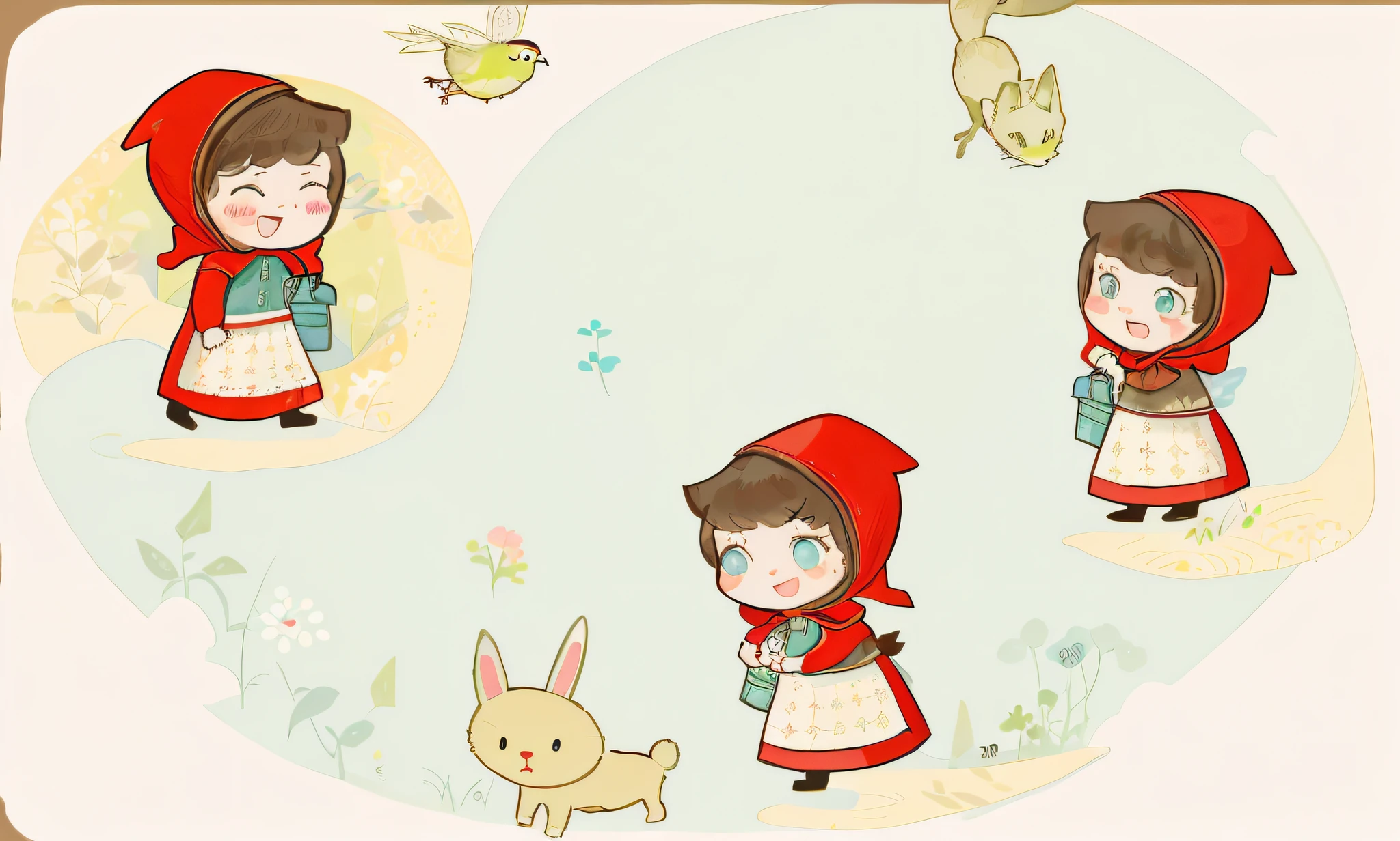 A girl and a rabbit cartoon with fox and bird, hair color coincidence, little red riding hood, fairy tale illustration style, little red riding hood, fairy tale style background, cute storybook illustration, fairy tale illustration, little red riding hood, storybook illustration, fairy tale illustration, storybook illustration, children's illustration, storybook illustration, girl, storybook illustration, cute, full hands, full expression, full cartoon face. Rich in color and harmonious in color.