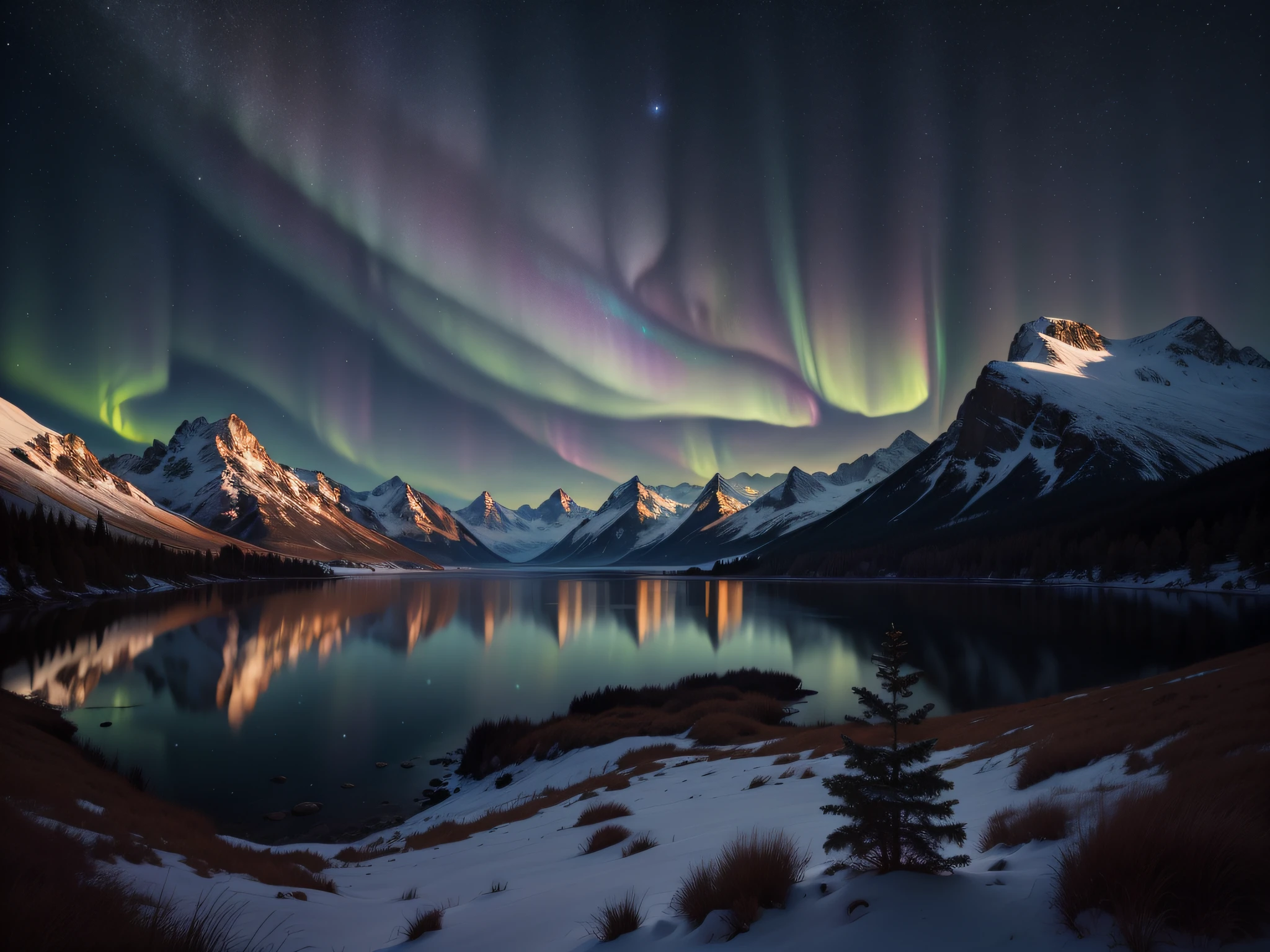 Fairyland-like nights, starry skies, aurora dances, quiet mountain peaks, endless stars, fantastic views, the magic of the sky, the silence under the night, the sparkle of the Milky Way, natural wonders. (8k, RAW photo, top quality, masterpiece: 1.2), ultra detail, super resolution, (realistic, real photo: 1.37), (realistic: 1.2), high resolution RAW color photo, professional photo, very detailed and beautiful, super high quality, 8k wallpaper, amazing detail,)