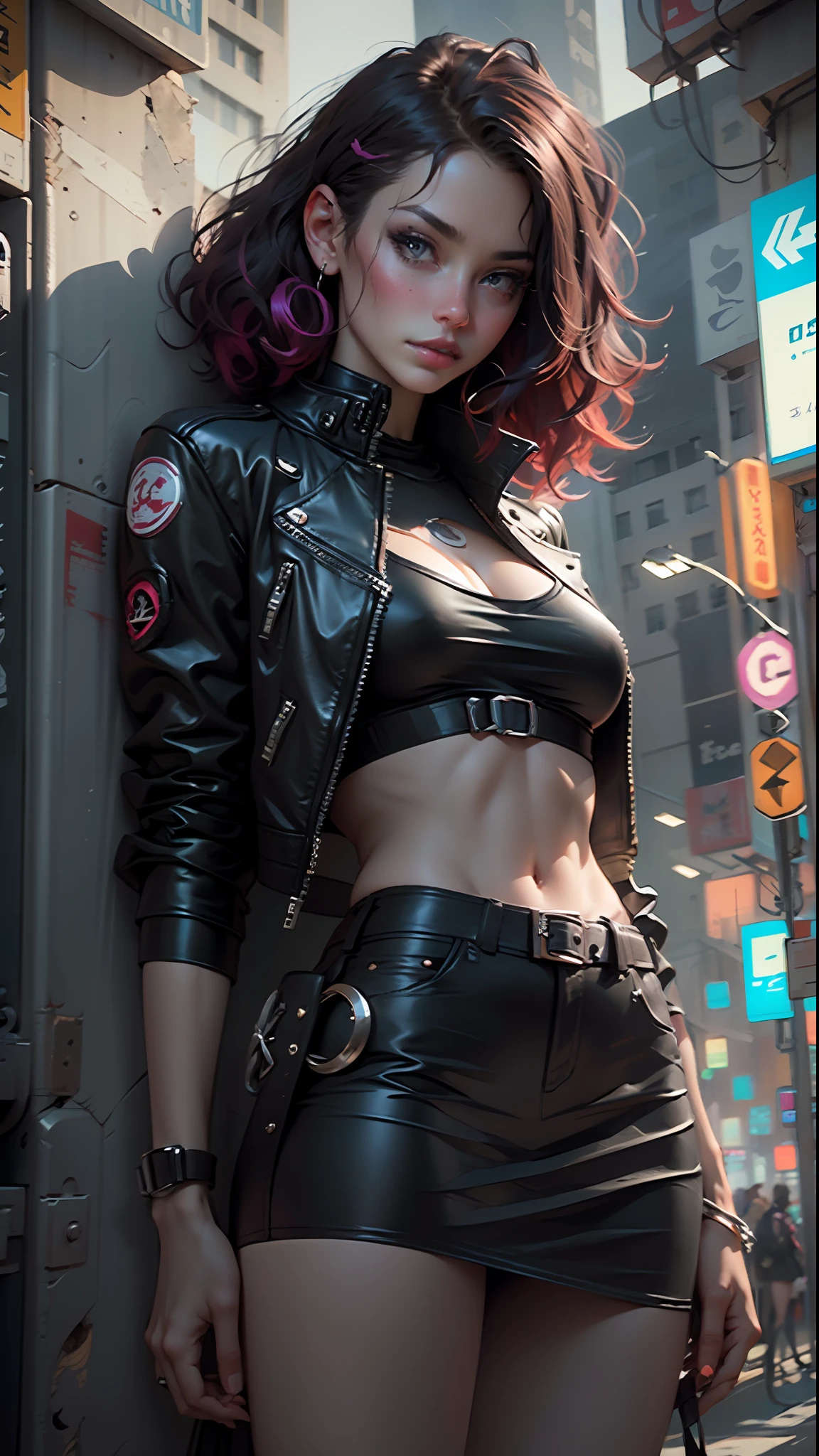 Beautiful woman, dyed hair, sexy leather clothes, long breasts, cyberpunk style, realistic details, close, portrait black leather jacket, top less, short latex skirt