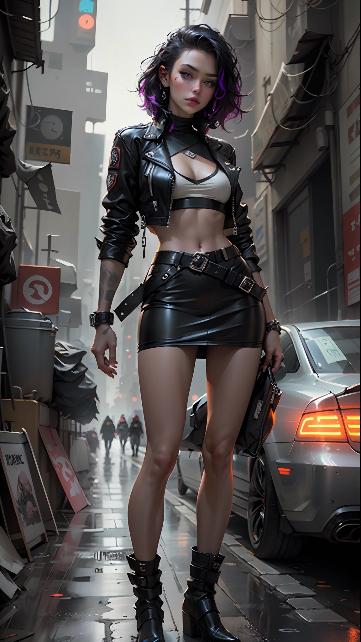 Beautiful woman, dyed hair, sexy leather clothes, long breasts, cyberpunk style, realistic details, close, portrait black leather jacket, top less, short latex skirt