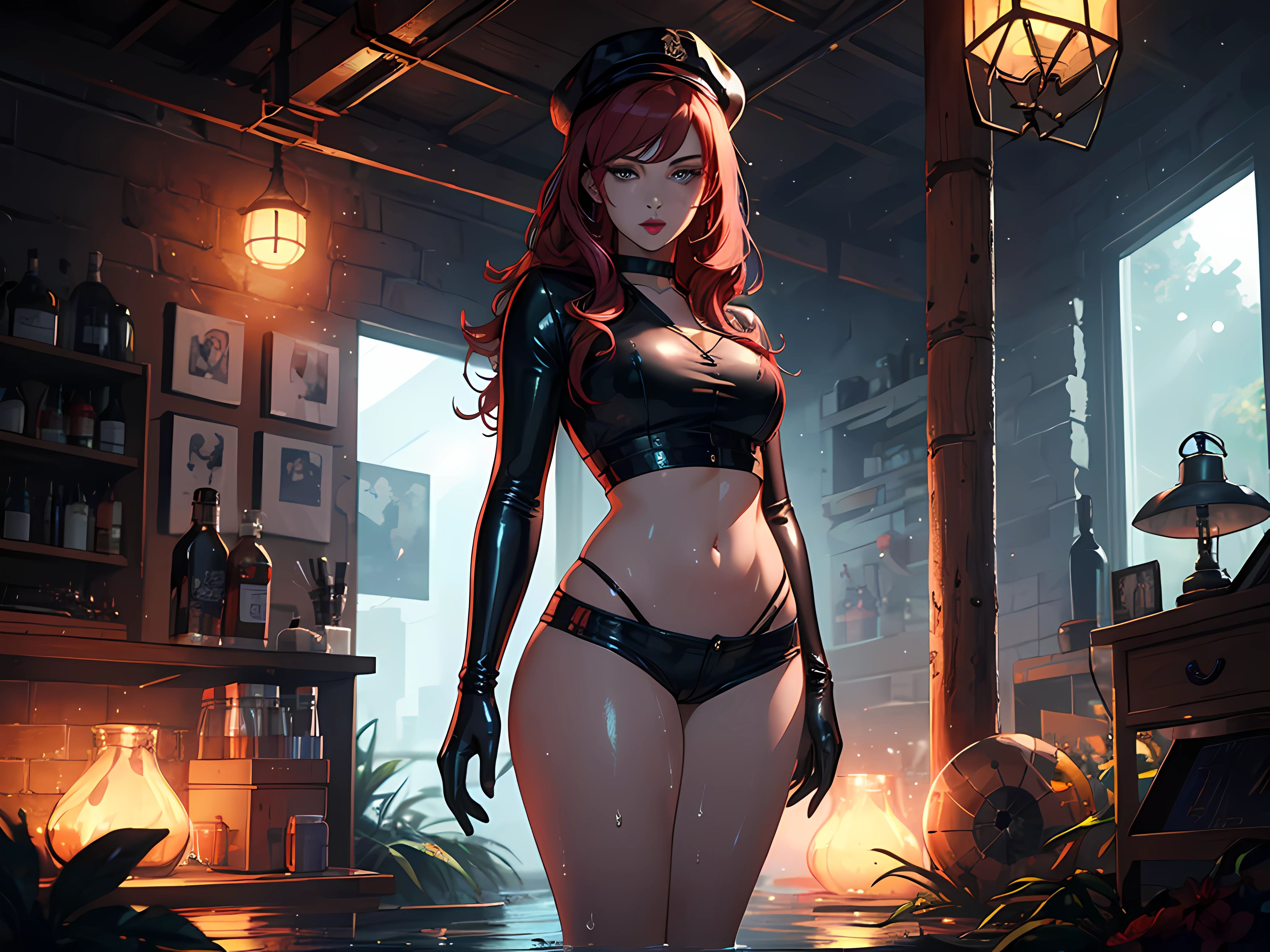 (Best Quality, 8K, Masterpiece: 1.3)), (Flower Cap: 1.3), Focus: 1.2, Perfect Body Beauty: 1.4, Buttocks: 1.2, (Layered Haircut: 1.2)), (Dark Street: 1.3), Highly Detailed Facial and Skin Texture, Full Body, Delicate Eyes, Double Eyelids, Whitened Skin, Long Hair, (Round Face: 1.5), (Loose Crop Top, Shorts: 1.6) Katarina, voluptuous redhead emo with exposed body, oily and shiny skin, and black lipstick and eyeliner, standing in a sunlit room wearing a wet short skirt, rendered in 8k resolution with vibrant colors and epic details for a highly cinematic 3D rendering with a smooth finish, messy hair, 5 unreal engine, fantasy art, vivid colors, hyper-realistic, beautiful face, insanely detailed, bangs, perfect lips, shiny latex clothes, wet effects on thighs and, natural makeup, an even more voluptuous body, latex gloves, oily effect on the body, black nails, natural lipstick, natural eyeliner, simple black choker, legs wide open, almost no clothes, depth of field, transparent clothes, socks, combat pose, she is behind showing her butt, realistic lightning