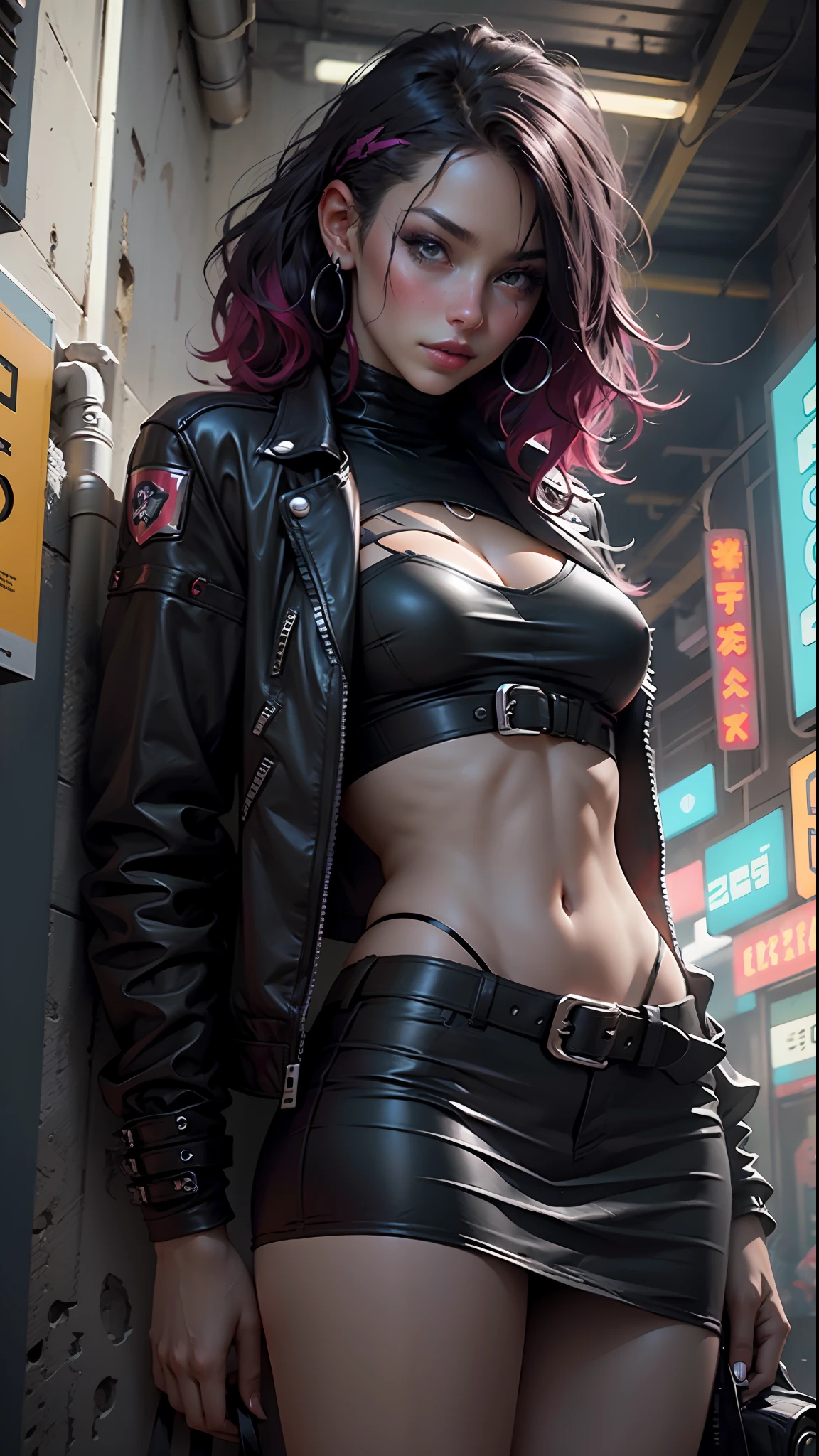 Beautiful woman, dyed hair, sexy leather clothes, long breasts, cyberpunk style, realistic details, close, portrait black leather jacket, top less, short latex skirt