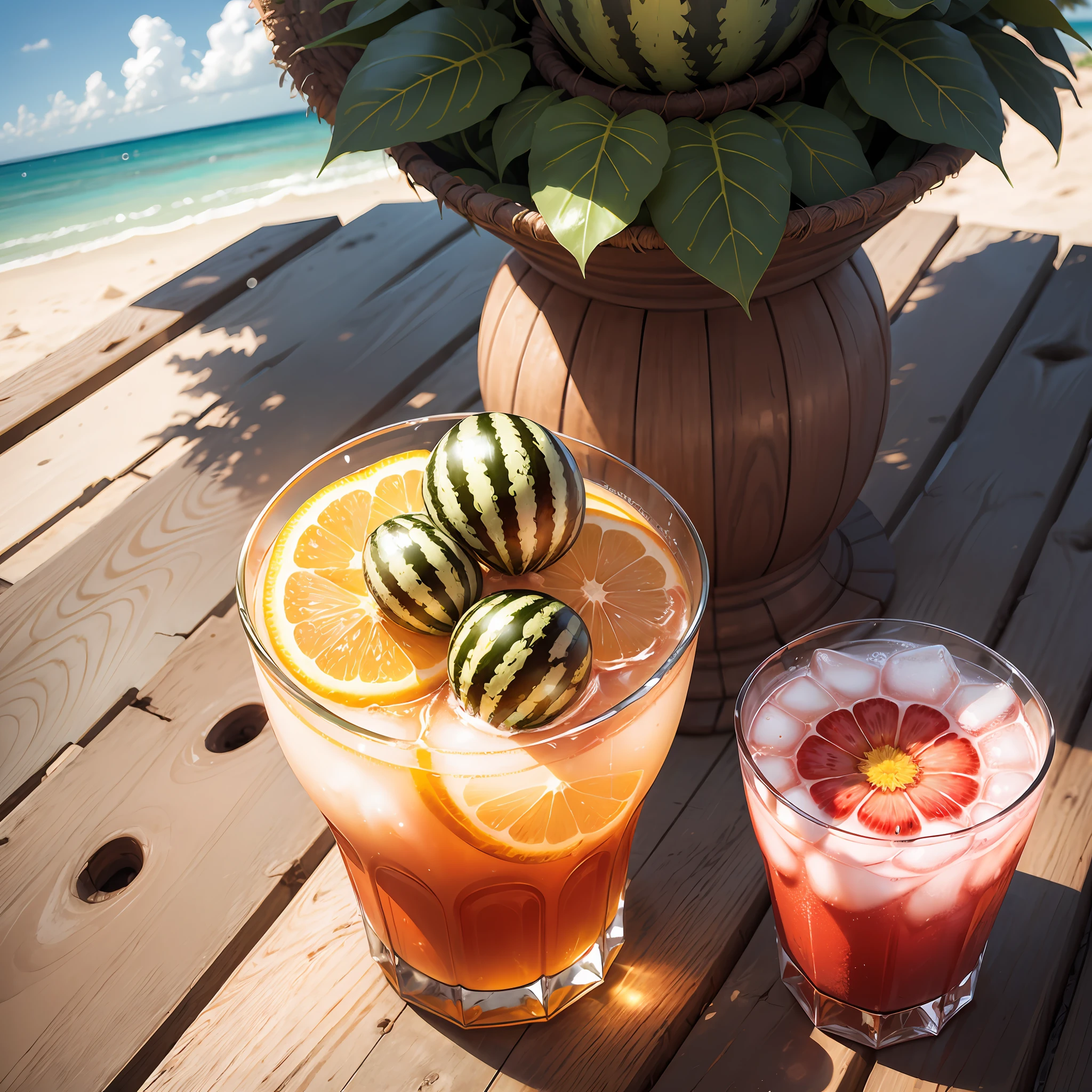 Summer, drinks, no figures, no sea, flowers, watermelons, tropical plants --auto