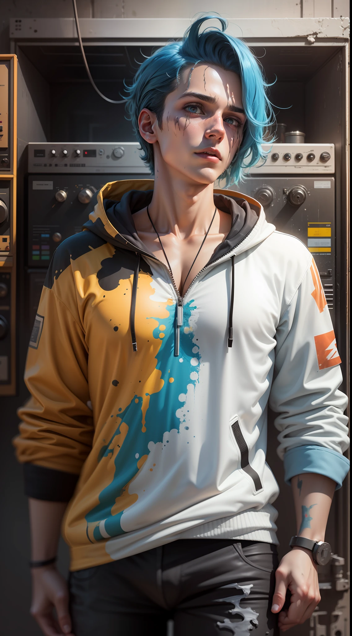 a digital tv store male mannequin hi fi new media model in the style of gothic industrial decaying figures 4k, octane rendering, dripping paint, data bending environment, male figure, blue hair latino, black orange and white clothing designs