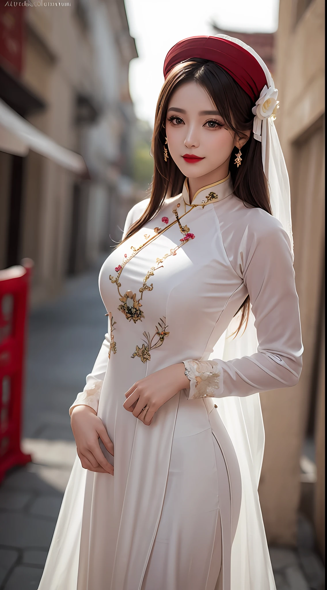 1 extremely beautiful, solo, 27-year-old girl, girl wearing a bridal gown, 21st century traditional ao dai and turban style, young woman wearing white ao dai, red and yellow silk pants, tight ao dai red and white dress, thin fabric ao dai, wearing a long sleeve shirt, luxurious and mysterious dark version, turban with many delicate patterns, wearing a girl's turban, 1 compact bridal turban for women for girls, ((1 meticulously designed and detailed bridal turban: 1.8)), red lips, thin and beautiful lips, a smile that captivates viewers, beauty in every detail, detailed background, super detailed, magical lighting, beautiful lighting effects, clear face, long flat hair, beautiful face, meticulous and balanced, (transparent yellow eyes: 1.8), big round eyes and very nice makeup and meticulous, visionary, long wearing silk clothes, mysterious makeup, beside bangs and dyed light blonde, big, regular breasts, big buttocks, flat belly, perfect body curves of beautiful girl, girl's upper half portrait, arms hanging, Real and alive, (stars: 1.7), (sky of the zodiacs: 1.8), fiction , RAW image , photos of Vietnamese ao dai, best photos, 8k, best quality 8k photos, surreal, most realistic,