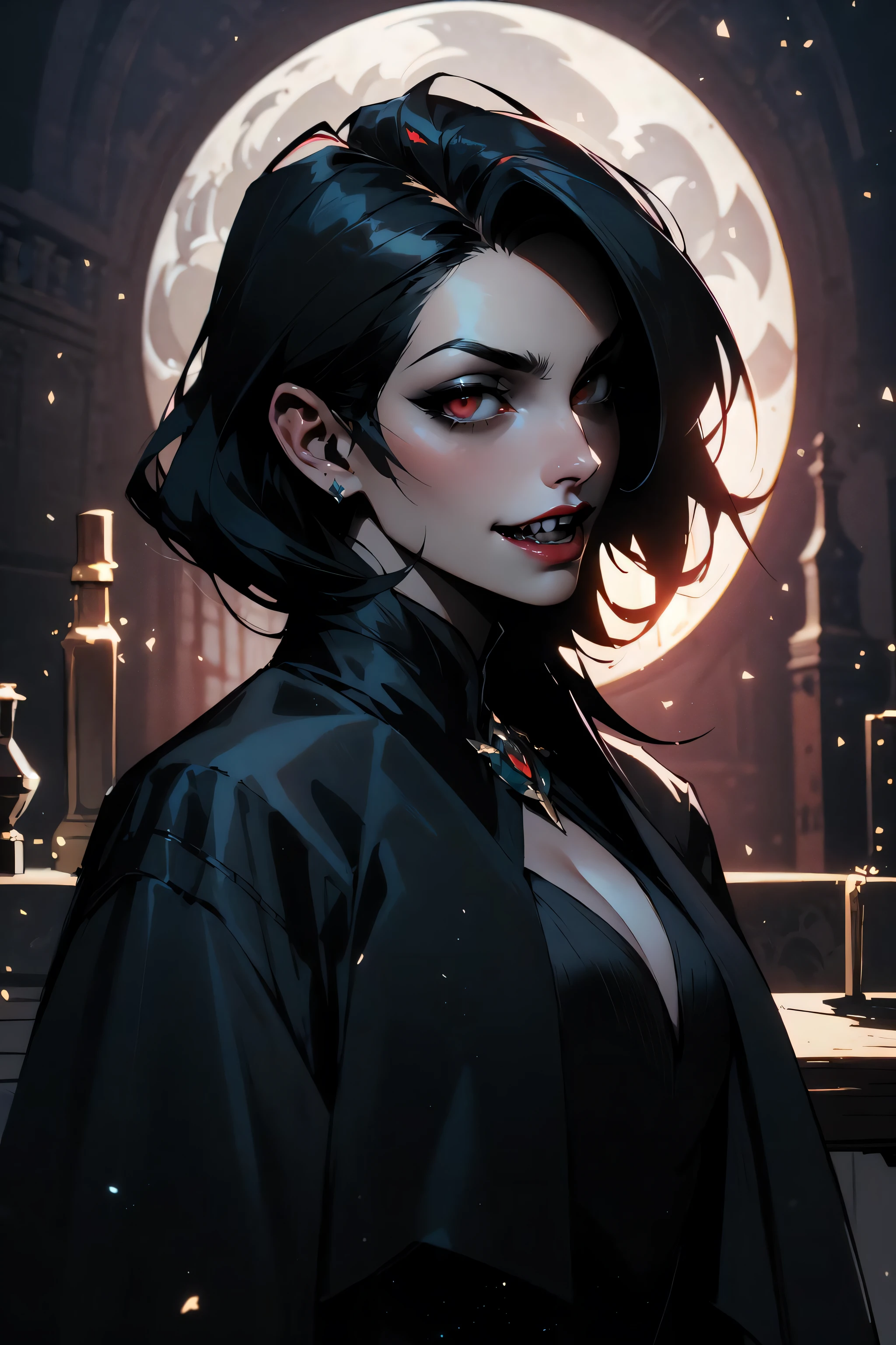 portrait of vampire queen standing in dark, black hair, no pupils, no sclera, red lips, fangs, castle indoors, moonlight, particles