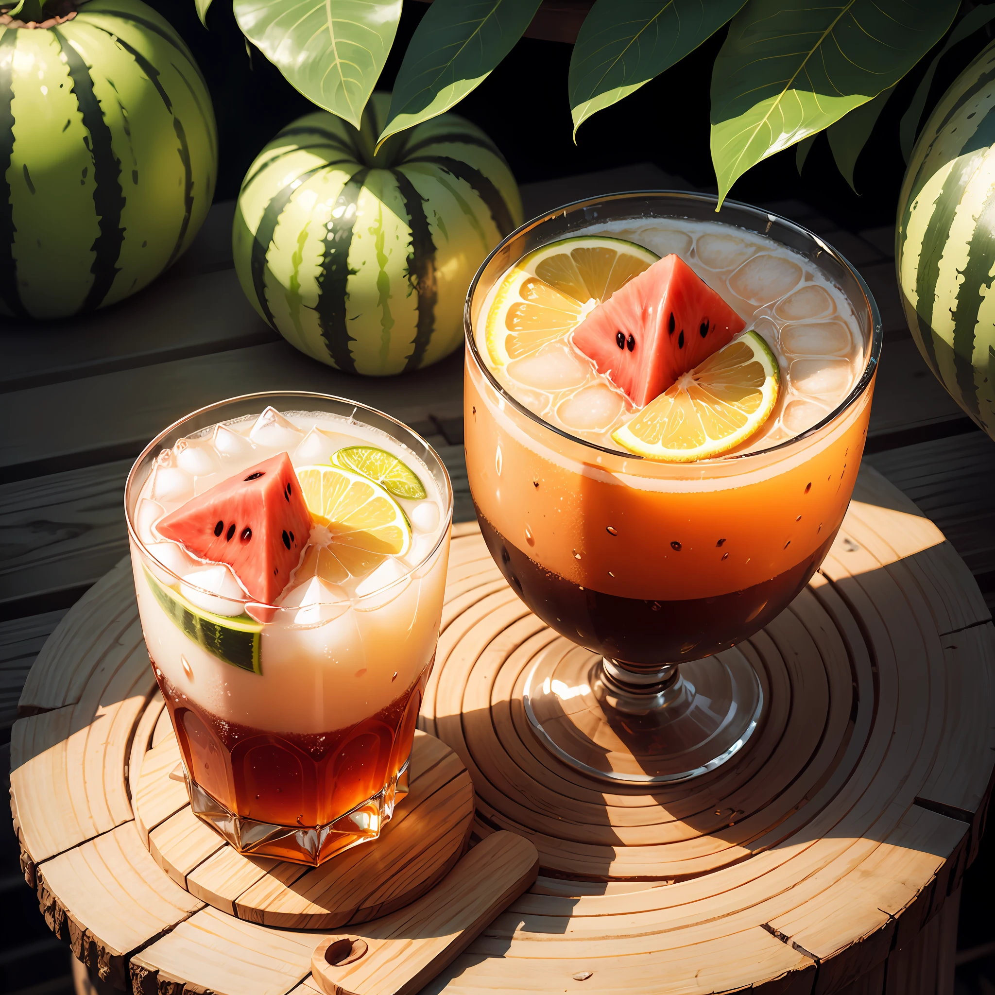 Summer, drinks, no figures, no sea, flowers, watermelons, tropical plants --auto