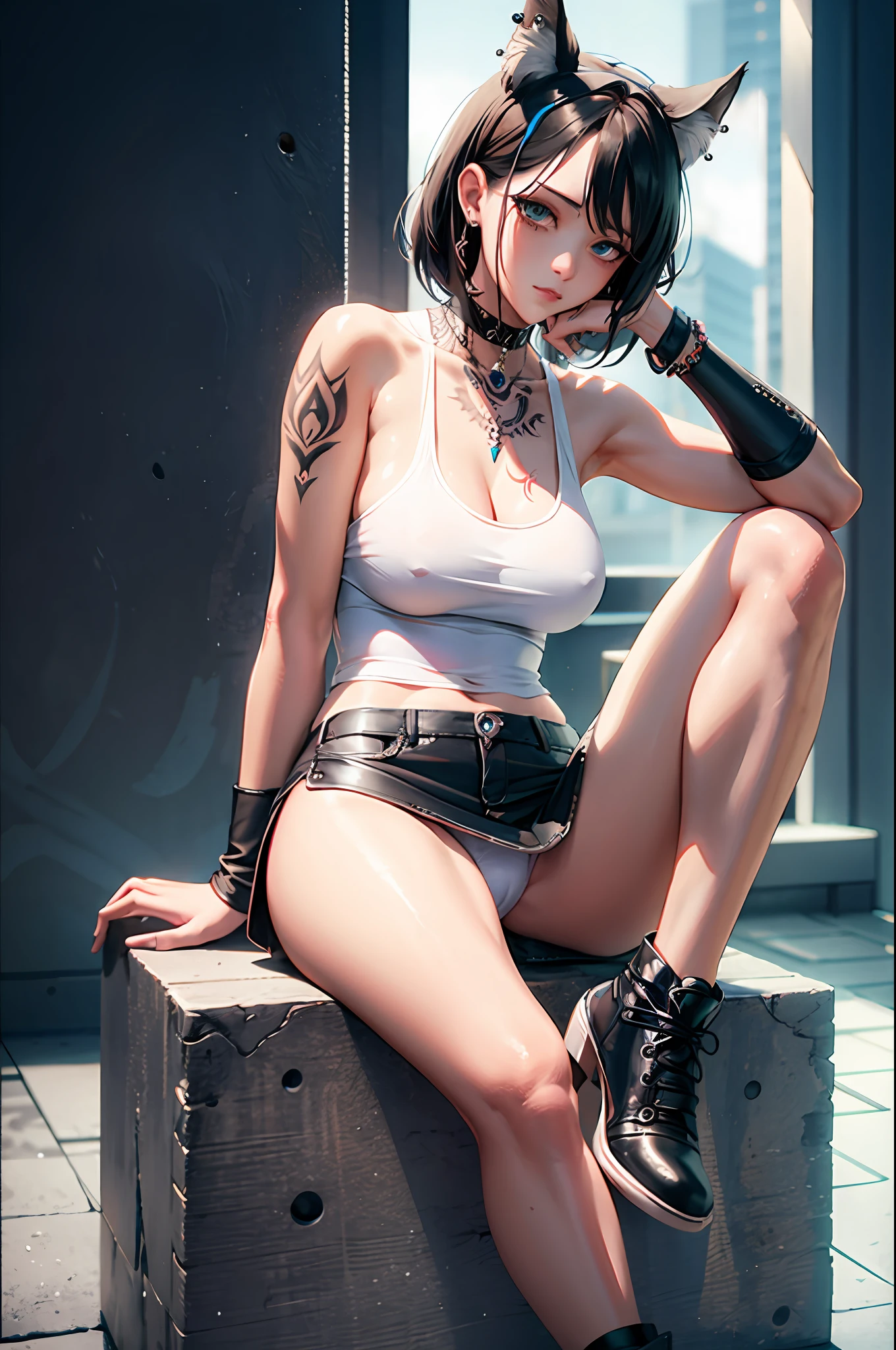 nsfw, masterpiece, surreal, wicked style, super nymphomaniac, full body, tank top, tattoo, piercing, miniskirt, sitting, knee, white panties, nightmare street, high resolution