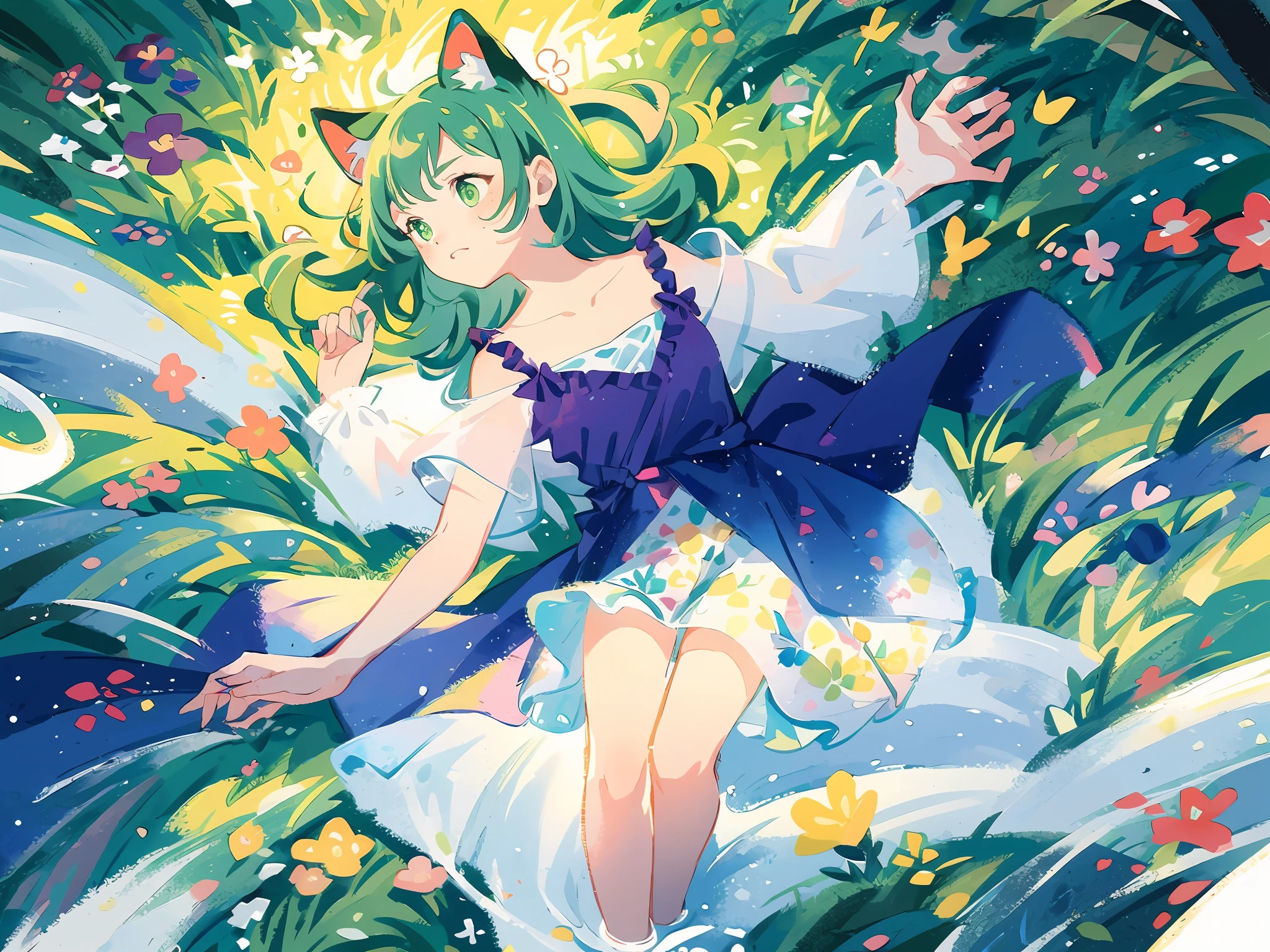 (highest quality), (masterpiece: 1.2), (colorful: 0.9), (ink splash)), (color splashing), (watercolor)))), clear focus, model shot, full body,
(Summer Portrait Goddess: 1.5), cute look, cat ears, elegant green hair, beautiful detailed face and eyes, elegant goddess clothes, ((summer forest background)),
Colored Water, Forest