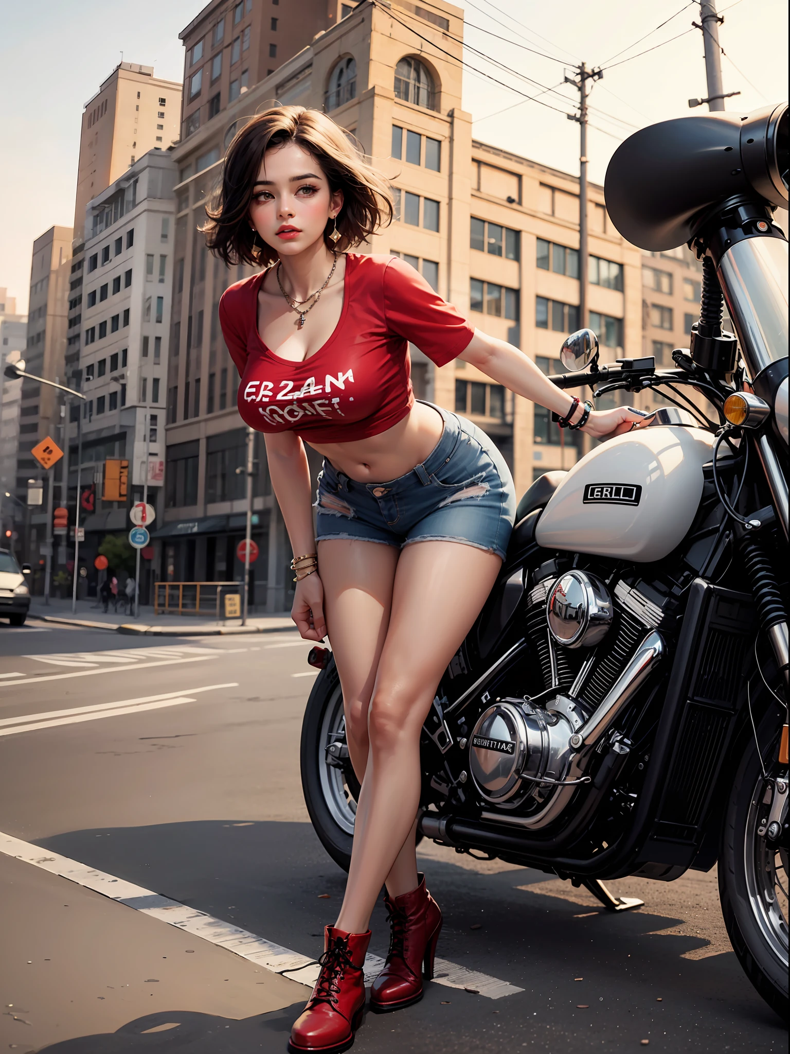 Best quality, full body portrait, delicate face, red short hair, hair band, forehead, 18 year old girl, slim figure, huge bust, leaning forward,oversized crop top T-shirt, areola bulge, crotch gap, cameltoe, sexy shorts, string of G-string, sunset bridge, retro motorcycle behind, scene, standing tall, , necklace, rings, earrings, bracelet, watch, Docmart, standing, open legs