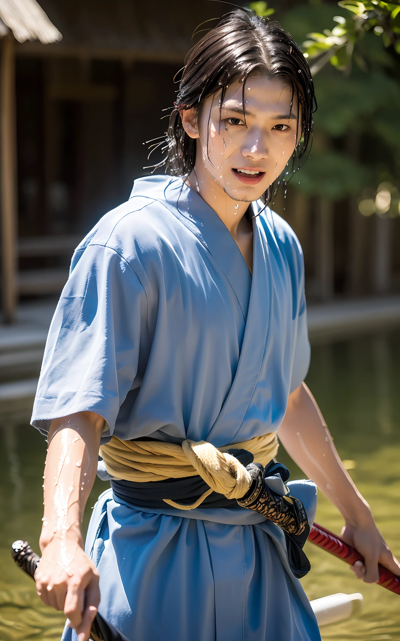 (Photorealistic: 1.2, Best Quality, 8k, Wet: 1.3), (Man, 20 years old, Soji Okita, Yukata, Sword Waving, Dynamic Pose, Samurai, Sweat: 1.2, Wet: 1.2), Actor, Muscle, Long Hair, (Film Lighting), Tan, Soft Light, Double Eyelids, (Seductive), (((excited))