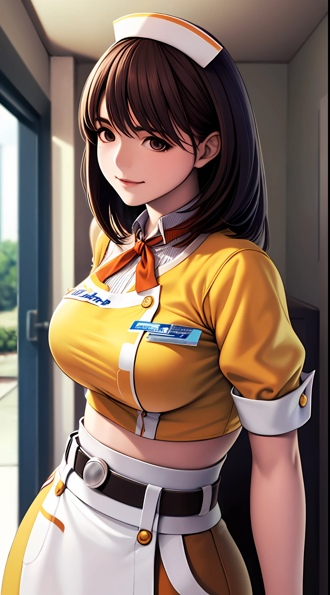 Big anime girl posing in front of the window, (((Waitress Uniform: 1.2)))), ((Yellow Uniform)), ((No Bra)), (Full smile)), ((Upper Body)), ((large breasts)), ((Focus on People)), ((Brown Hair)), ((Look from the front)), (Hands down)), Seductive anime girls, Best Anime 4k Konachan wallpapers, perfect gray haired girls, charming anime girls, 4k anime wallpapers, 4k manga wallpapers, , detailed digital anime art, anime best girls, beautiful anime girls, cyberpunk, detailed anime artwork, beautiful charming anime women