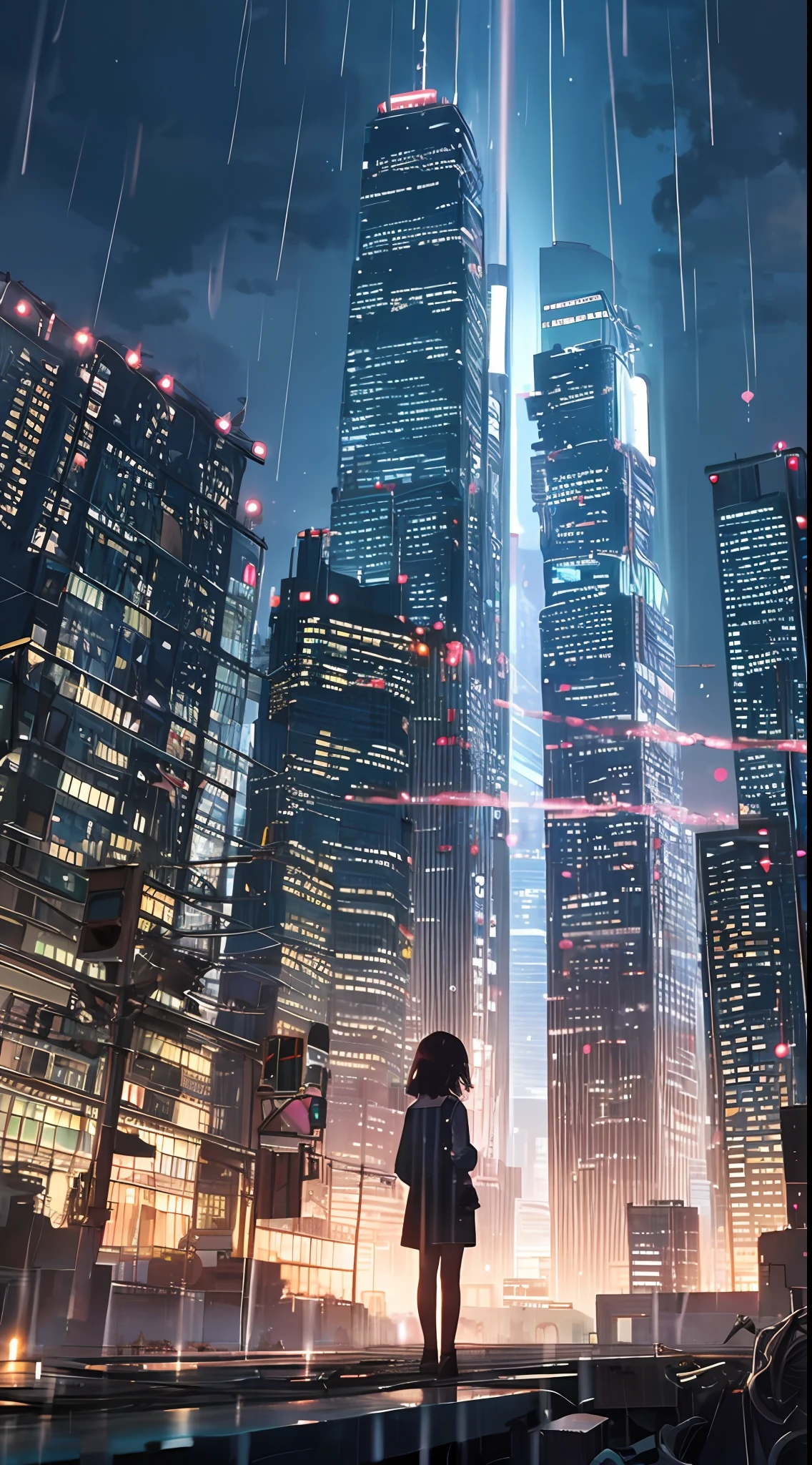 A dystopian ray of hope, a young girl wandering into a dark skyscraper, a little girl's back in the back of the center of the screen, a very complex cityscape, a ruined world, a pulling composition, industrial, high-definition depiction, a city with electric wires, rain