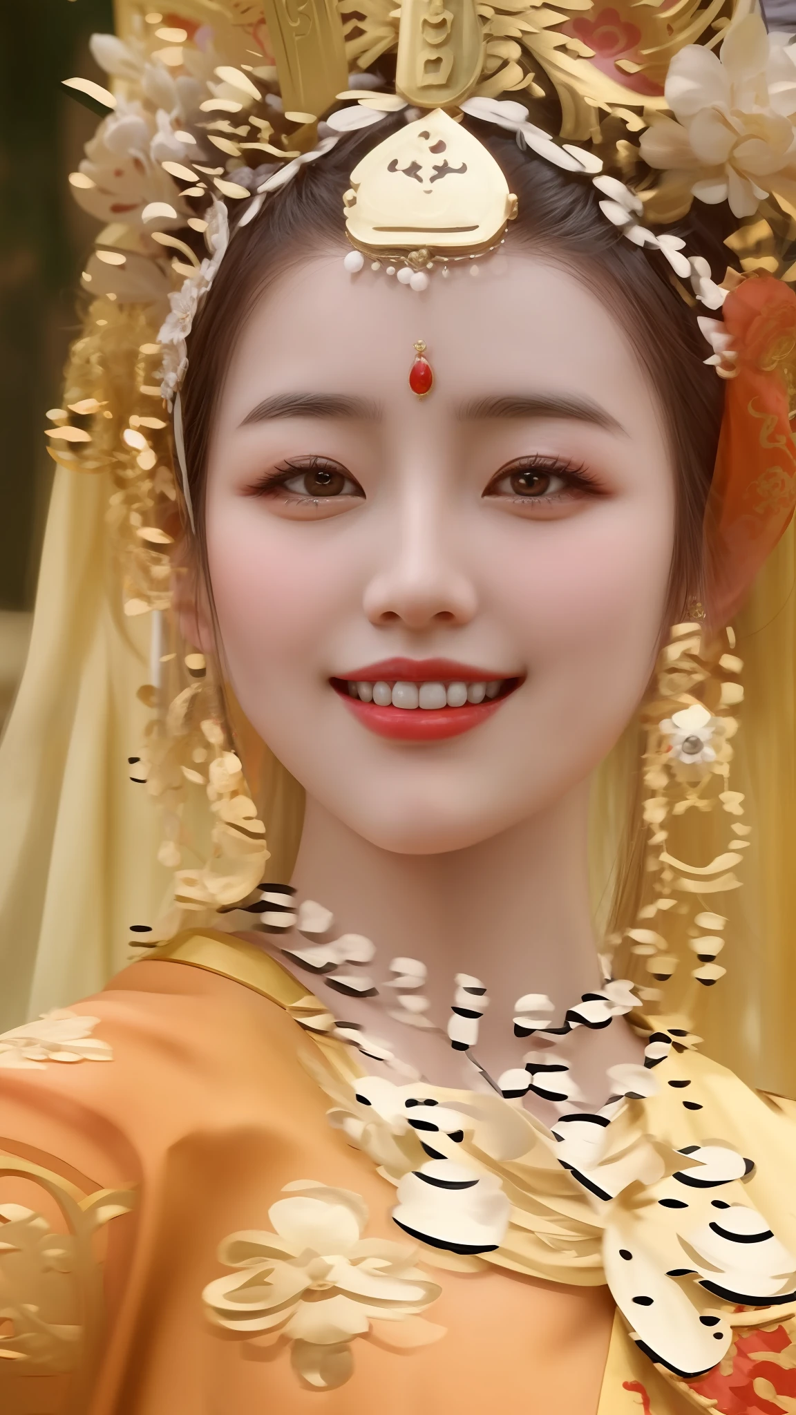 arafed woman in a traditional costume with a smile on her face, traditional beauty, asian face, chinese princess, dilraba dilmurat, inspired by Wu Bin, beautiful goddess, inspired by Lan Ying, inspired by Yun Du-seo, inspired by Lü Ji, traditional chinese, inspired by Tang Di, a beautiful fantasy empress, chinese woman, oriental face