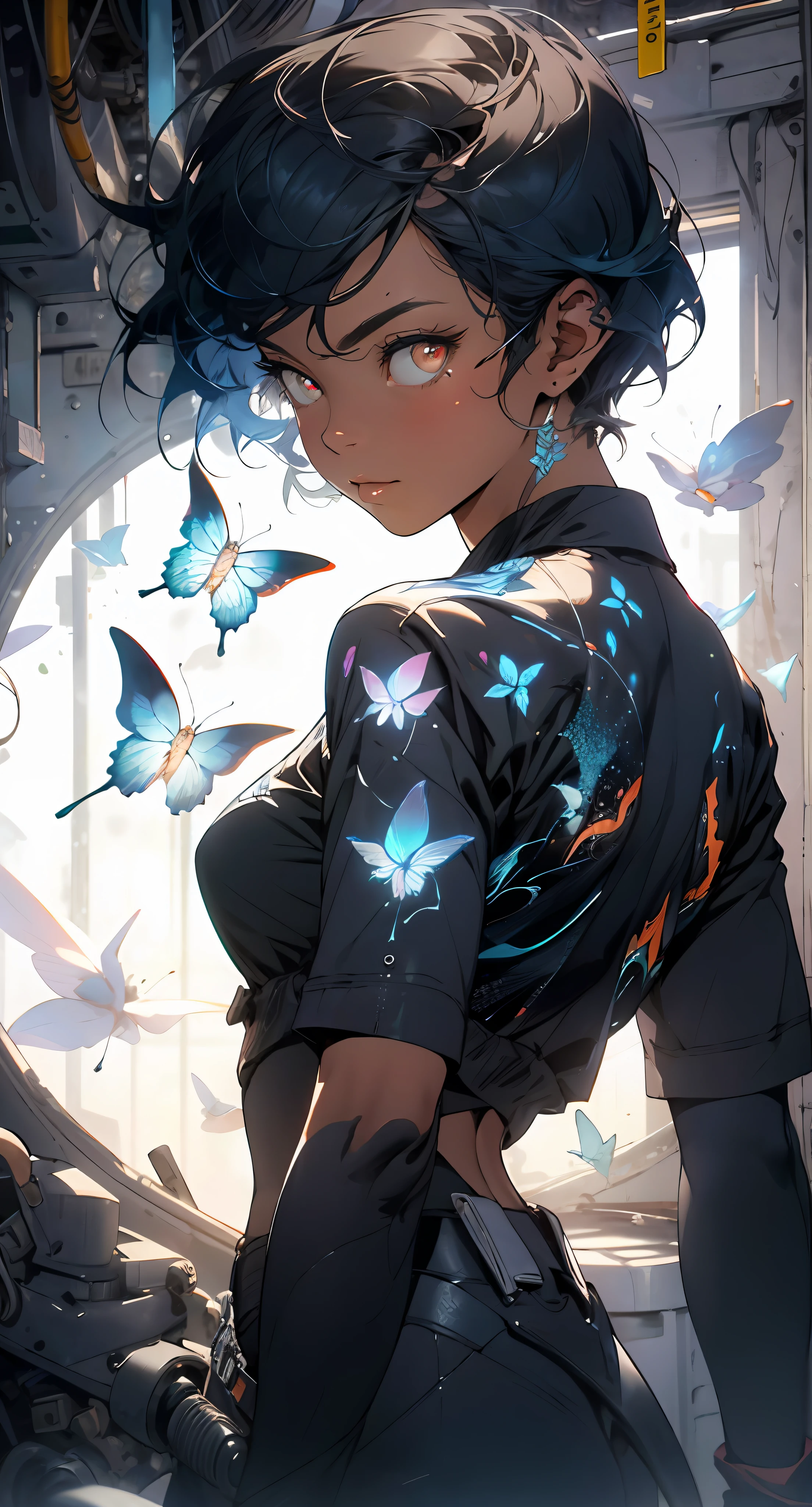 From the perspective from above, the whole body is surrounded by butterflies, there are many, many butterflies in the picture, a mysterious woman 1.5, realistic, gods, butterflies, (first-person view 1.5), (glowing red eyes 1.5))), black and blue hair, short hair 1.5, mysterious, (magic), perfect body, tight uniform, dark skin, style art germ, extremely detailed art germ, IG model, (best quality), super detailed, super realistic, Octane renderer, high dynamic range, ( HDR), 32K resolution, super resolution, megapixels, tyndall effect, lens flare, shadow, backlight, depth of field, natural lighting, hard focus, film grain, mirror hologram, ray tracing, very detailed, fractal art, colorful, most detailed, zentangle, (abstract background: 1.5),