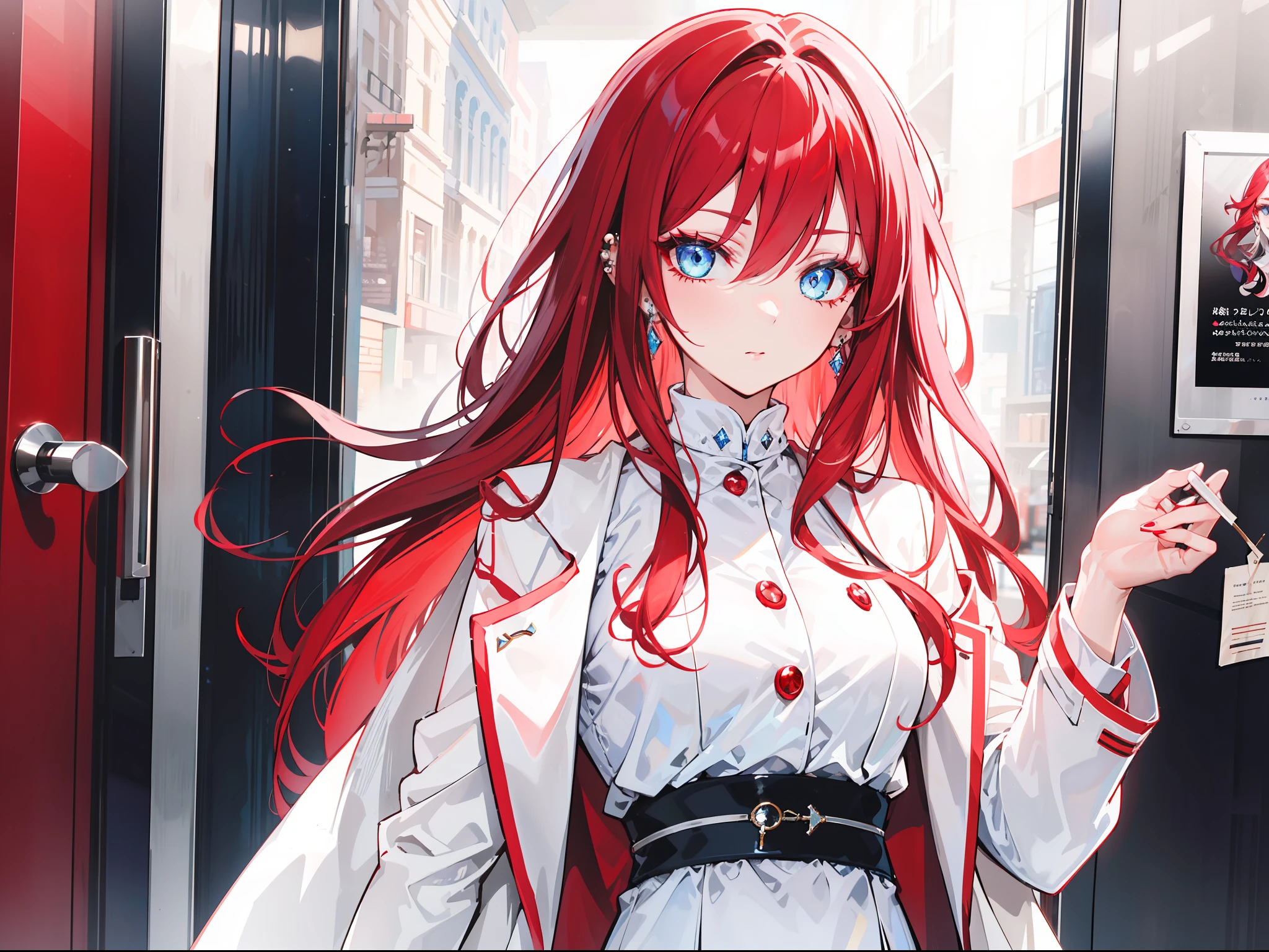 "Generate an image of a sophisticated adult female character with flowing, vibrant crimson hair and captivating piercing blue diamond eyes. She exudes an elegant aura, dressed in a pristine white coat, she stood in front of the coffe door"