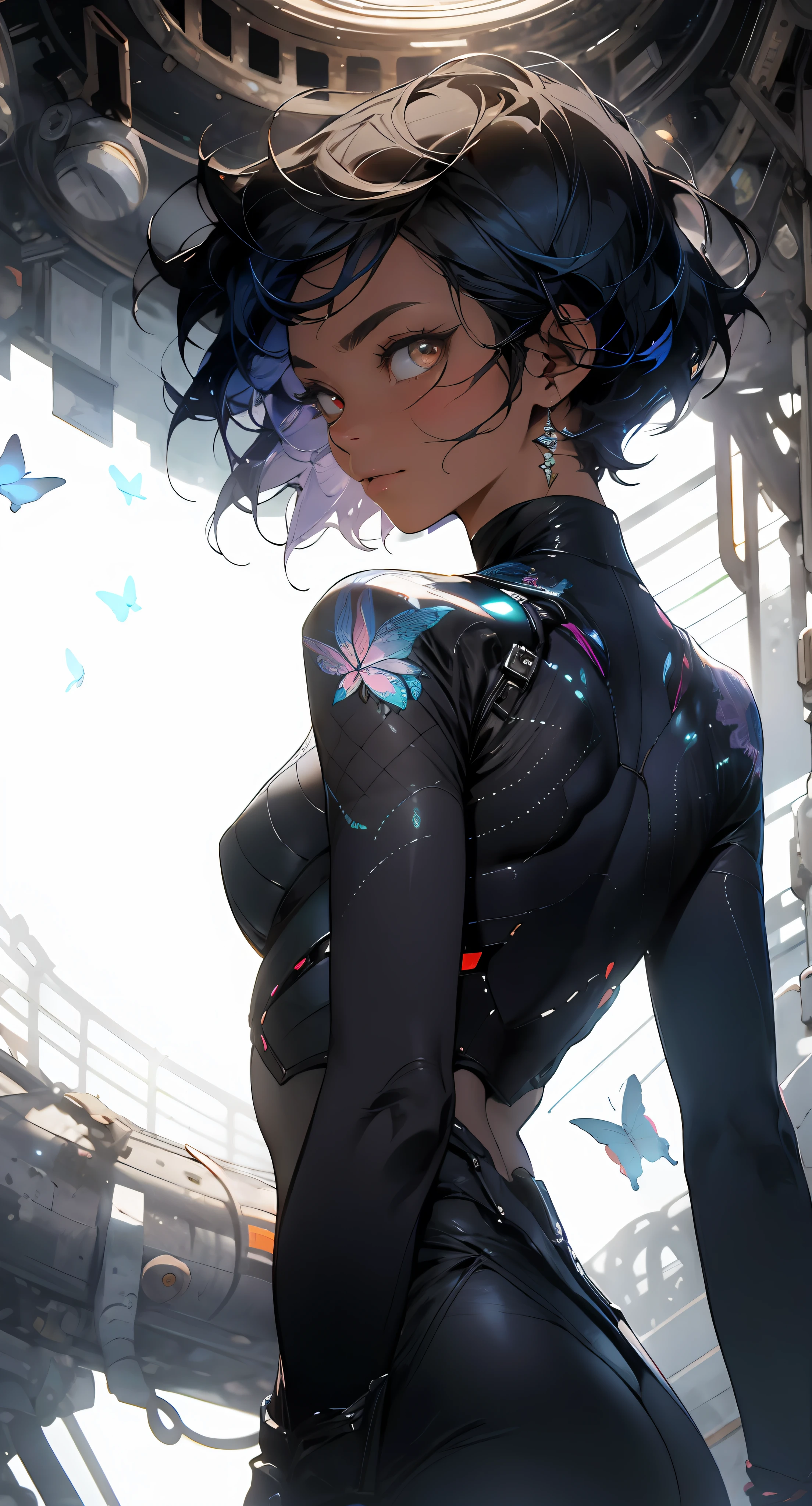 From the perspective from above, the whole body is surrounded by butterflies, there are many, many butterflies in the picture, a mysterious woman 1.5, realistic, gods, butterflies, (first-person view 1.5), (glowing red eyes 1.5))), black and blue hair, short hair 1.5, mysterious, (magic), perfect body, tight uniform, dark skin, style art germ, extremely detailed art germ, IG model, (best quality), super detailed, super realistic, Octane renderer, high dynamic range, ( HDR), 32K resolution, super resolution, megapixels, tyndall effect, lens flare, shadow, backlight, depth of field, natural lighting, hard focus, film grain, mirror hologram, ray tracing, very detailed, fractal art, colorful, most detailed, zentangle, (abstract background: 1.5),
