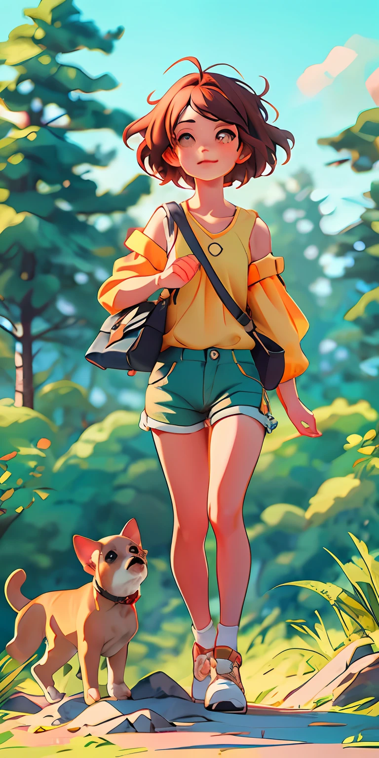 (Masterpiece, Best Quality), 1 Boy, Trend, Blur, Full Body, Shoulder Bag , Sunshine, Cute, There's a Puppy Around, Forest Scene, Shorts, Silly Cute