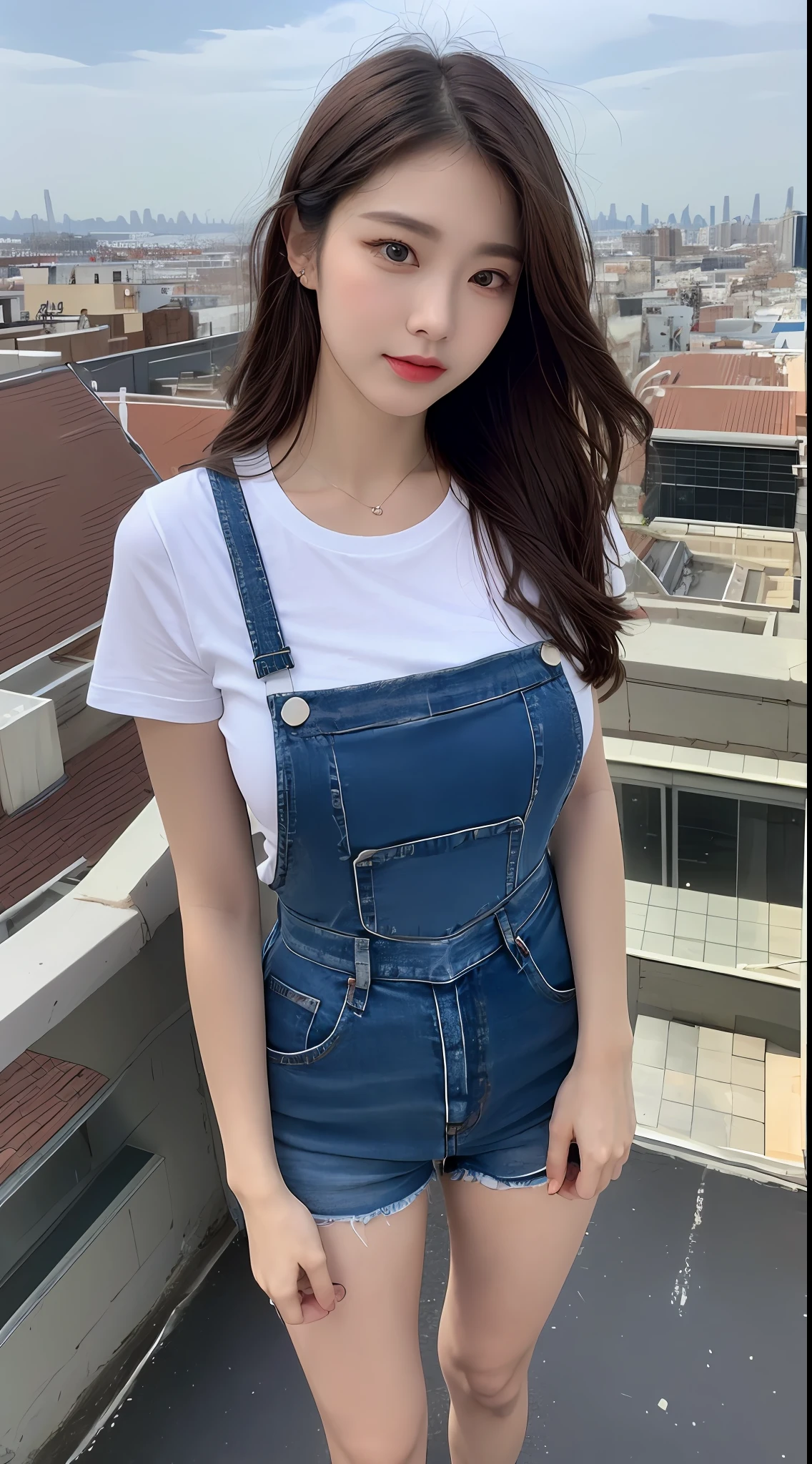 ((Midnight, Best quality, 8k, Masterpiece :1.3)), Whole body, Long legs, Sharp focus :1.2, A pretty woman with perfect figure :1.4, Slender abs :1.1, ((Dark brown hair,Gigantic breasts :1.2)), (White tight tshirt, Jean bib, Standing:1.2), ((Night city view, Rooftop:1.3)), Highly detailed face and skin texture, Detailed eyes, Double eyelid