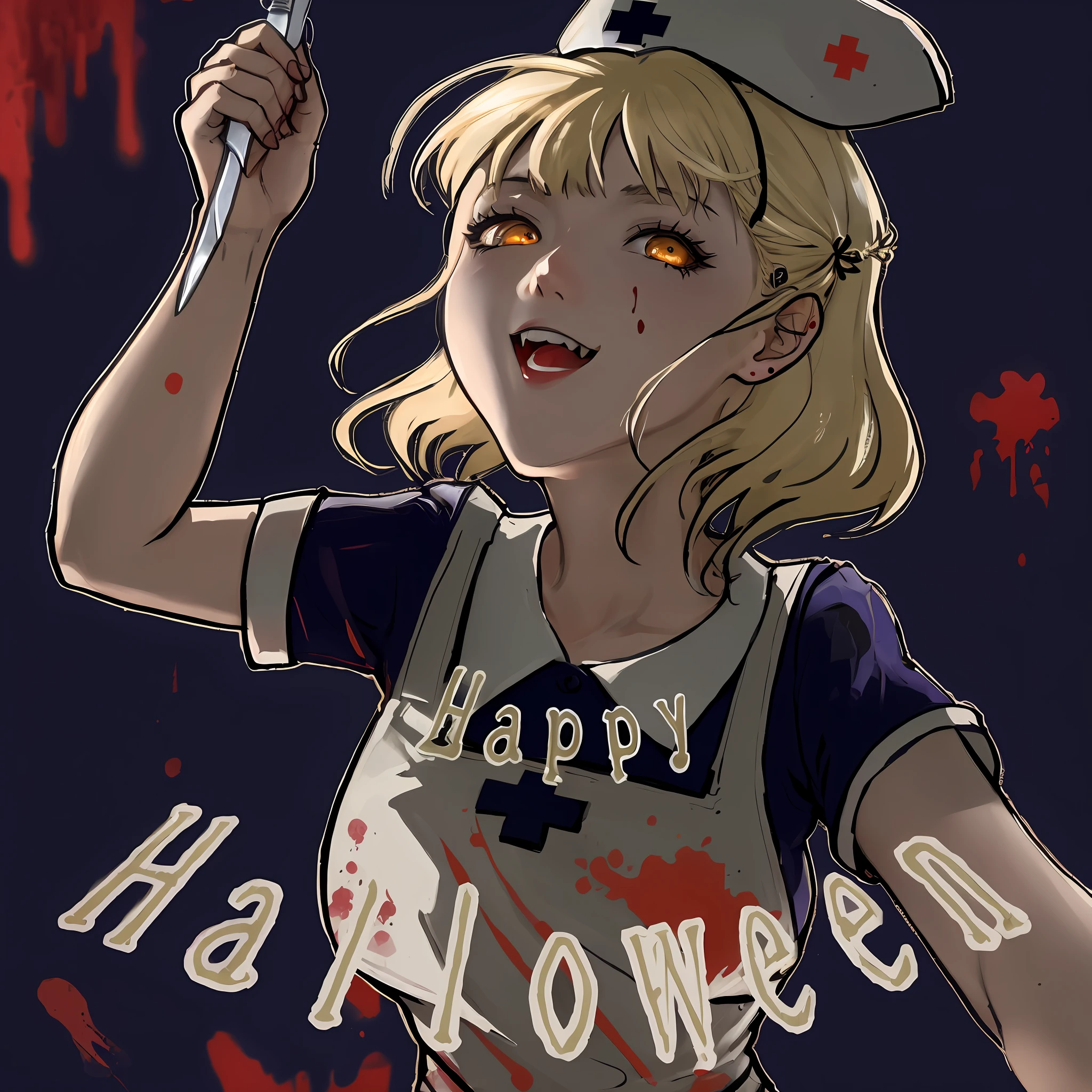 there is a woman with a knife in her hand and a bloody background, in a halloween style, happy!!!, halloween art style, gapmoe yandere, yandere, halloween, nurse girl, zerochan, marin kitagawa fanart, ( ( misa amane # ) ), horror!! highly detailed, by Shingei, ( ( ( horror art ) ) )