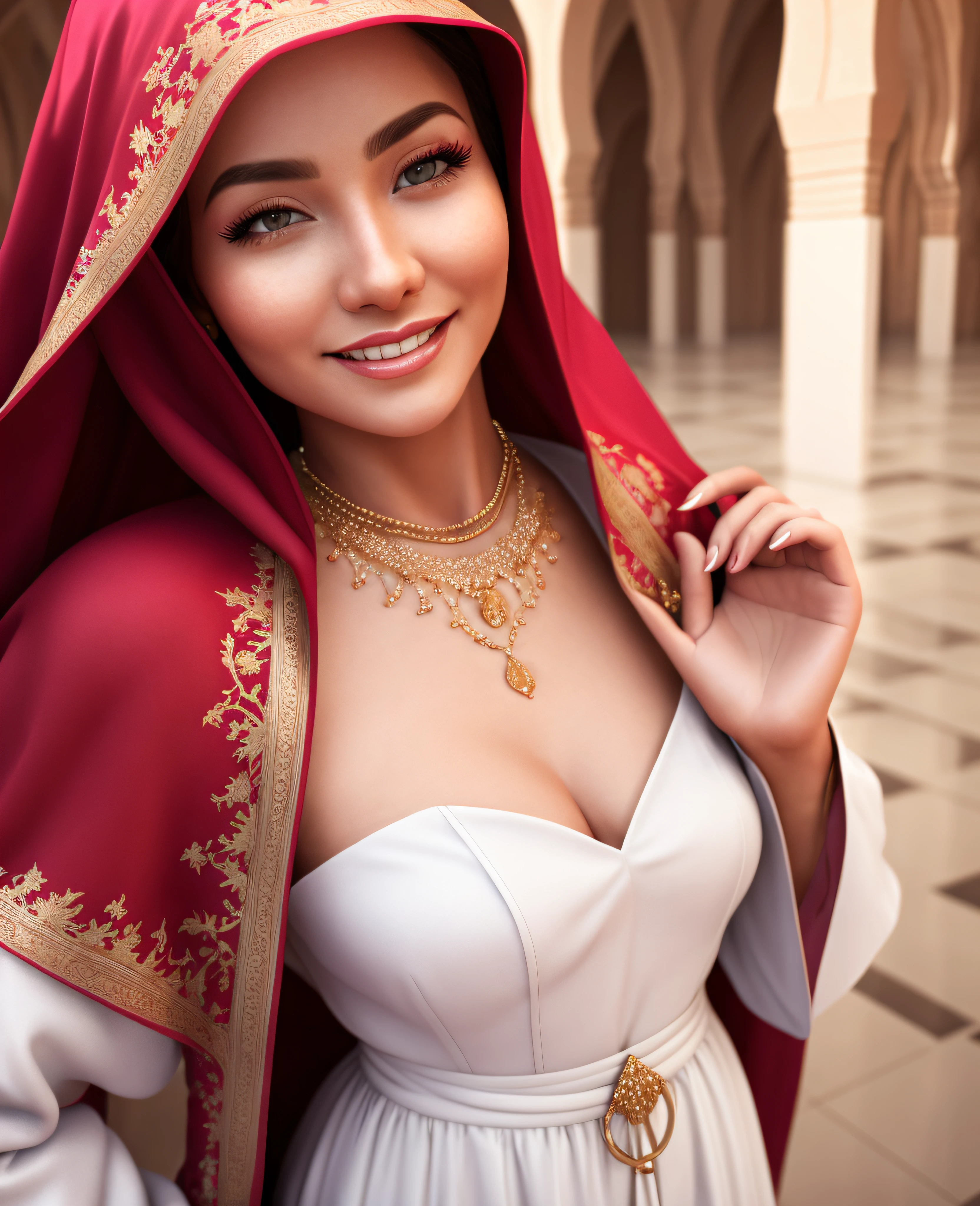 araffe woman in a white dress and red shawl posing for a picture, beautiful oriental woman, a beautiful fantasy empress, arabian beauty, arab princess, beautiful arab woman, arabian princess, middle eastern skin, unreal engine render + a goddess, ((a beautiful fantasy empress)), alena aenami and artgerm, elegant smiling pose
