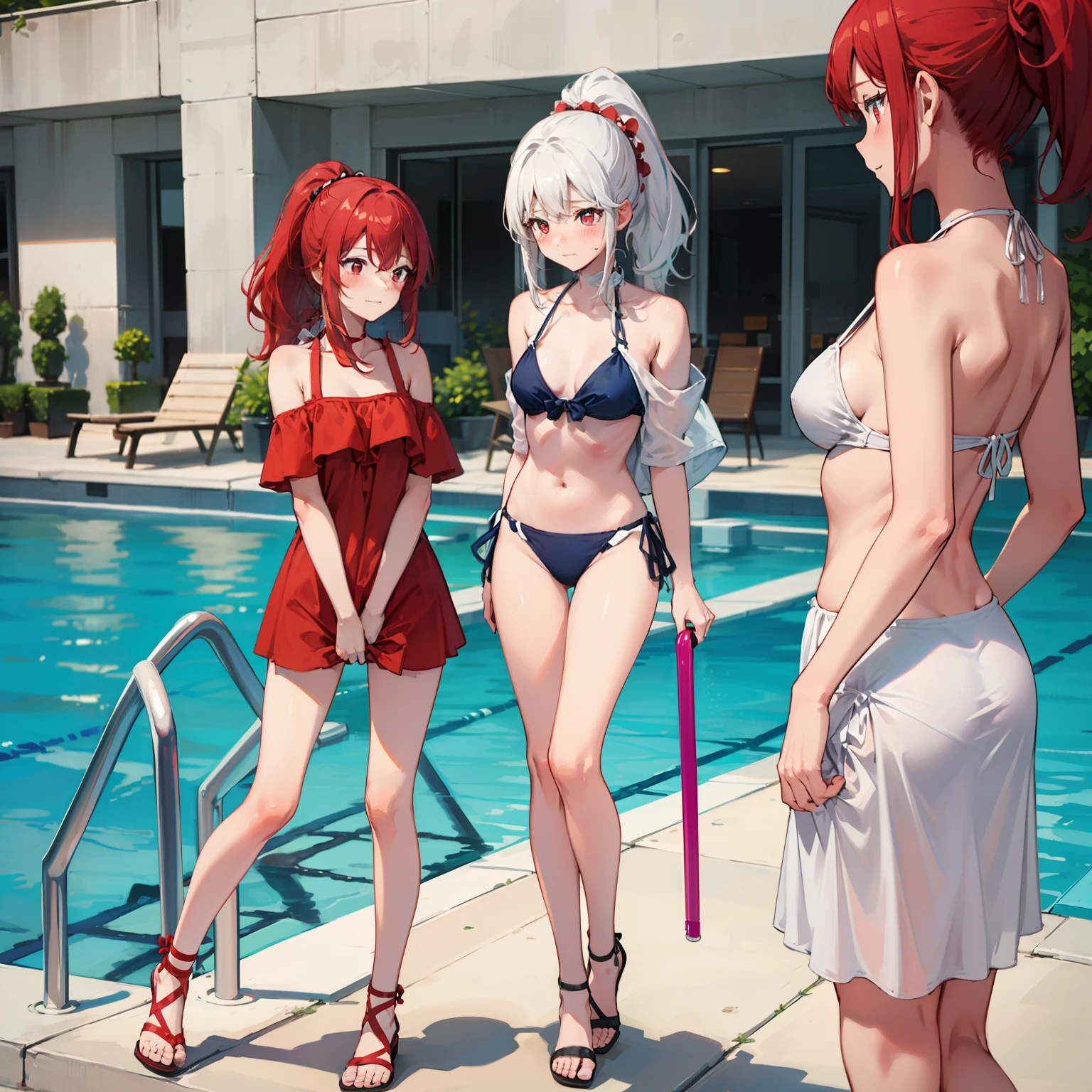 (full body), (cute), charming, rich details, white hair, (ponytail), light red eyes, red hair accessories, blush, (shy: 1.2), bikini, sleeveless, off-the-shoulder, pool