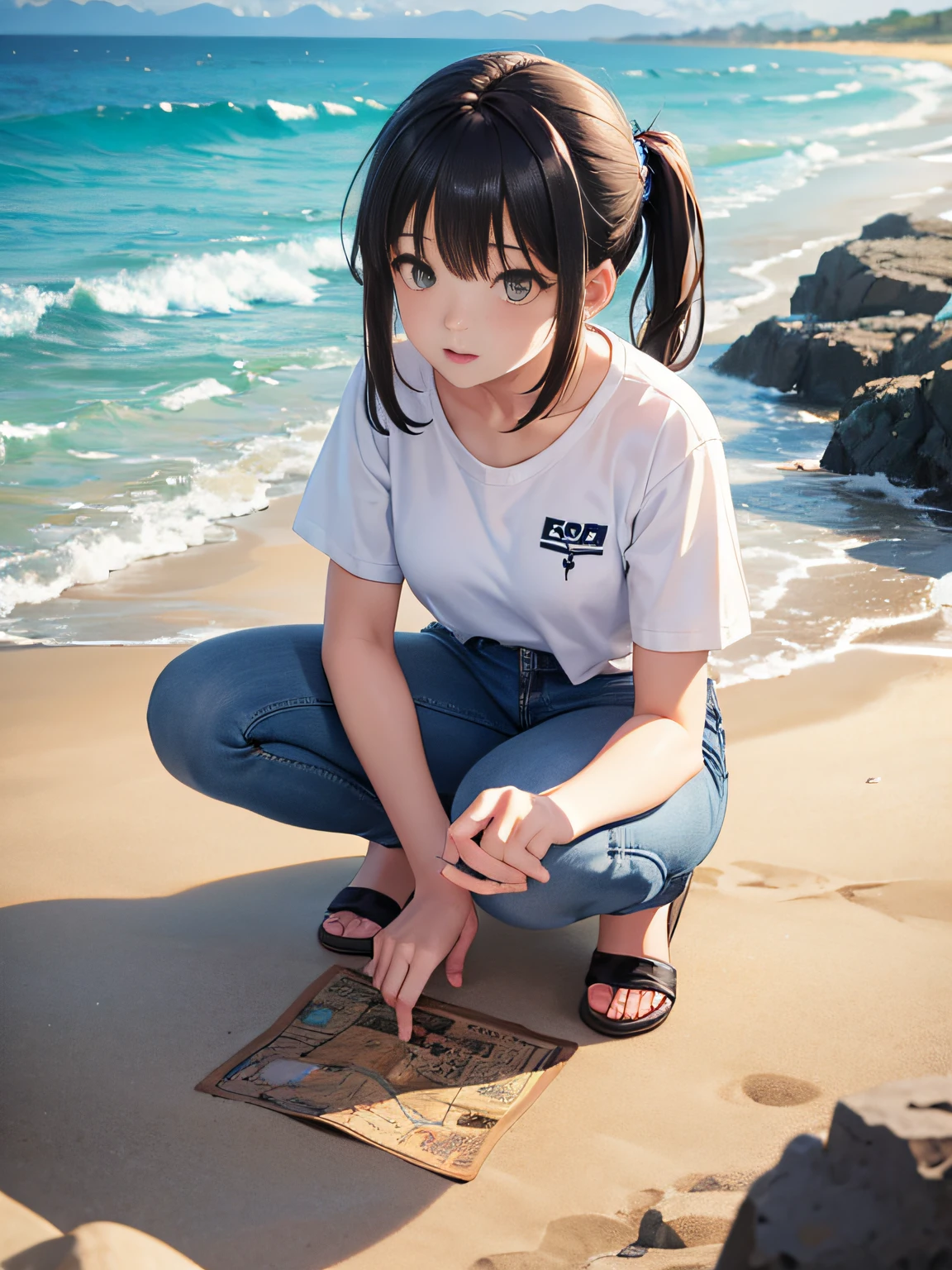 High image quality, high resolution CG illustration, white t-shirt, blue jeans, girl with black hair tied back, lonely sandy beach, crouching at the waist, old treasure map in hand, anime style --auto