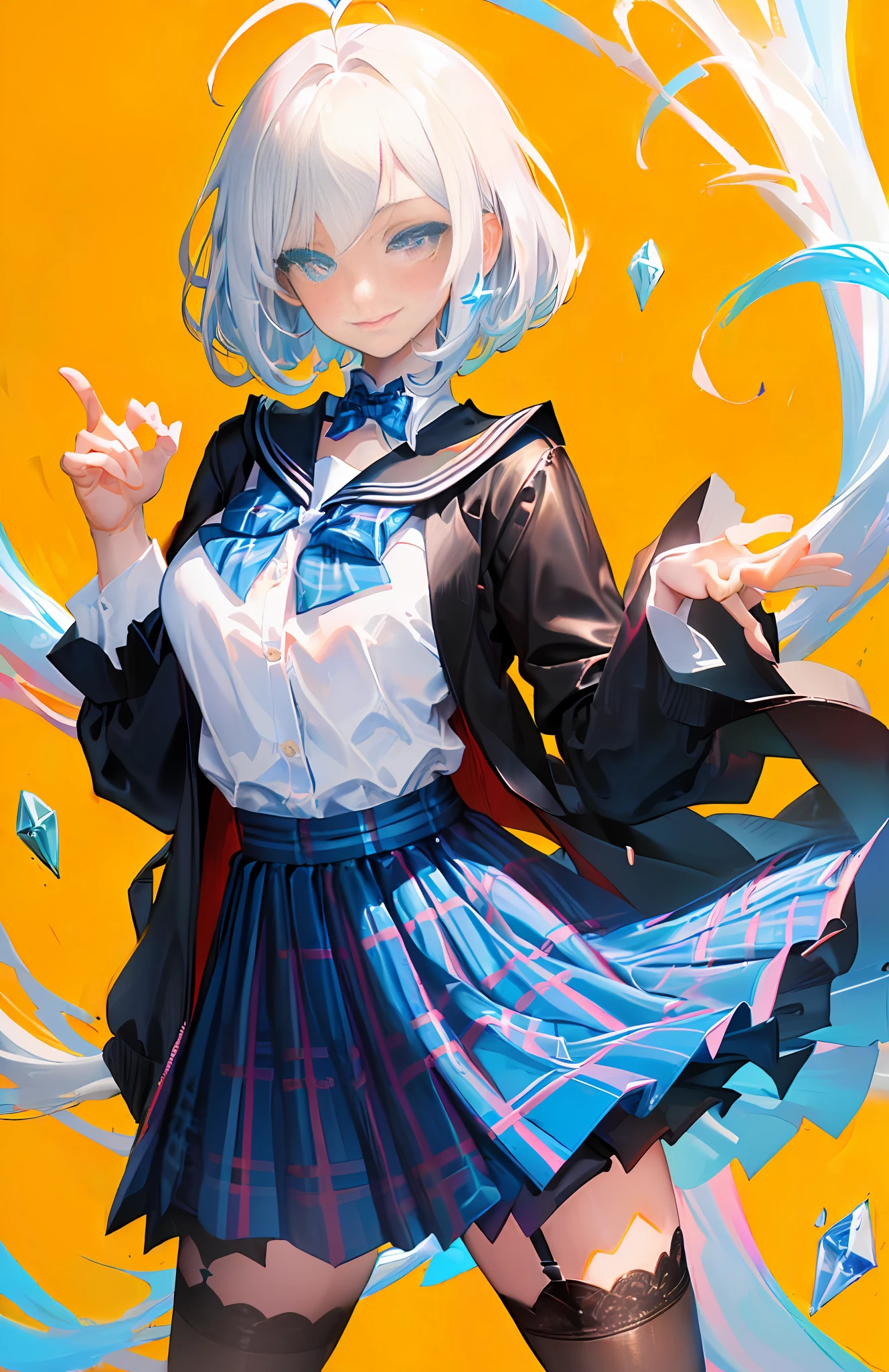 Meisterwerk, ((five fingers)), correct hands, high quality, high resolution, a girl, bust, silvery hair, gradient hair color, short hair, large dullness, ear covered, clear eyes, blue eyes, ((dotted pupils)), eyes open, looking at the audience, (black lace lingerie), Sorrisos, long eyelashes (((high resolution)), ((high quality)), (high quality)), ((dark blue eyes))) ((thick painting style)), (correct proportions))), (student), quadratic, (Meisterwerk), (short hair), (silver-white hair), (wave head, (floating hair), crystal clear big eyes, partial bangs, sapphire general eyes, (long eyelashes), detailed eye depiction, ((eye highlights)), gradient hair, fluffy hair, (pupil highlight), gradient pupil color, (fair skin), (shyness), (ultimate depiction is five senses), (final depiction is clothes) , high school girls, right hands, correct proportions, (perfect body), mini skirt, ((sailor suit)), (school uniform), ((high resolution))), uniform (((pure))), ((short hair)), (silver white hair), (oblique bangs), air bangs, ((antenna dull hair 1.2)), ((wave head)), glossy hair, (extremely depicted hair), hair details, bright eyes, (fluffy hair), (((beautiful girl))), mature, stable, stable, stable, ( pupil highlight), (gradient hair), (detailed pupil features)), fair skin, anime, (celluloid style), a girl, (correct proportions), (((blue plaid bow tie))), (contemptuous eyes), ((black lace lingerie)), sexy lingerie, miniskirt, ((pleated skirt)), (blue plaid skirt), solid color background, ((kamisa)), (JK skirt) (extremely depicted facial features), extremely depicted hair, (((high quality))), (((Meisterwerk)))((Best Quality t)), Ultra Detail, (Illustration Super Detailed), (Rich Detail), (Super Refined), Detailed Depiction, Detailed Rendering, Brilliant Colors, (Perfect Figure), Interior Background, (Highlights), (Ultra HD Quality), (Detailed Depiction of Background), (Correct Hand Depiction), ((Eye Highlight)), (Gradient Pupil Color), ((Cute)), (Charming Smile), Tsundere, (Hig