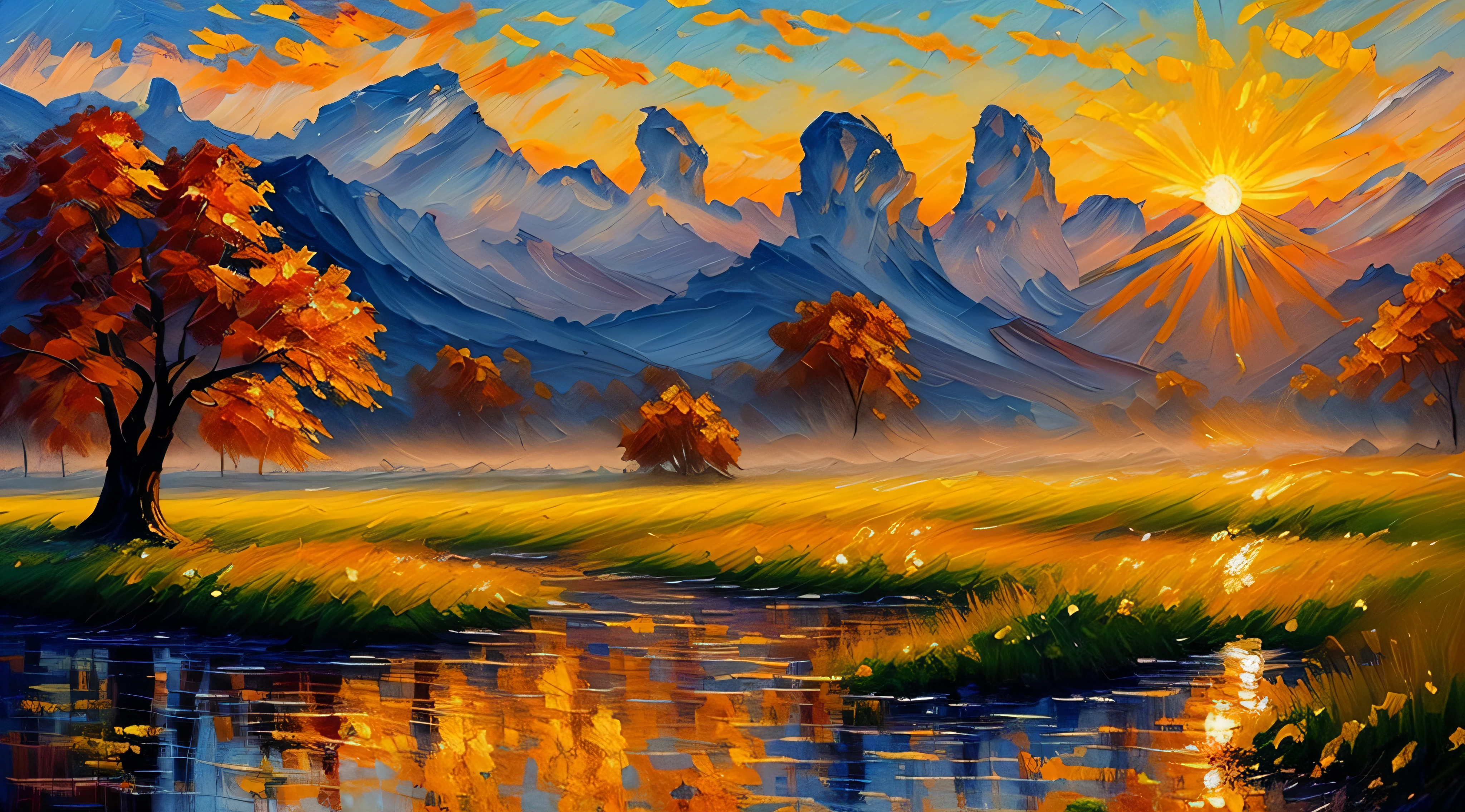 (Impressionist Oil Dry Brush Painting) +, The way the sun touches the sparkling dew on a warm and vivid morning, Fields next to a magnificent misty waterfall, Vivid colors, Paint (strokes) +