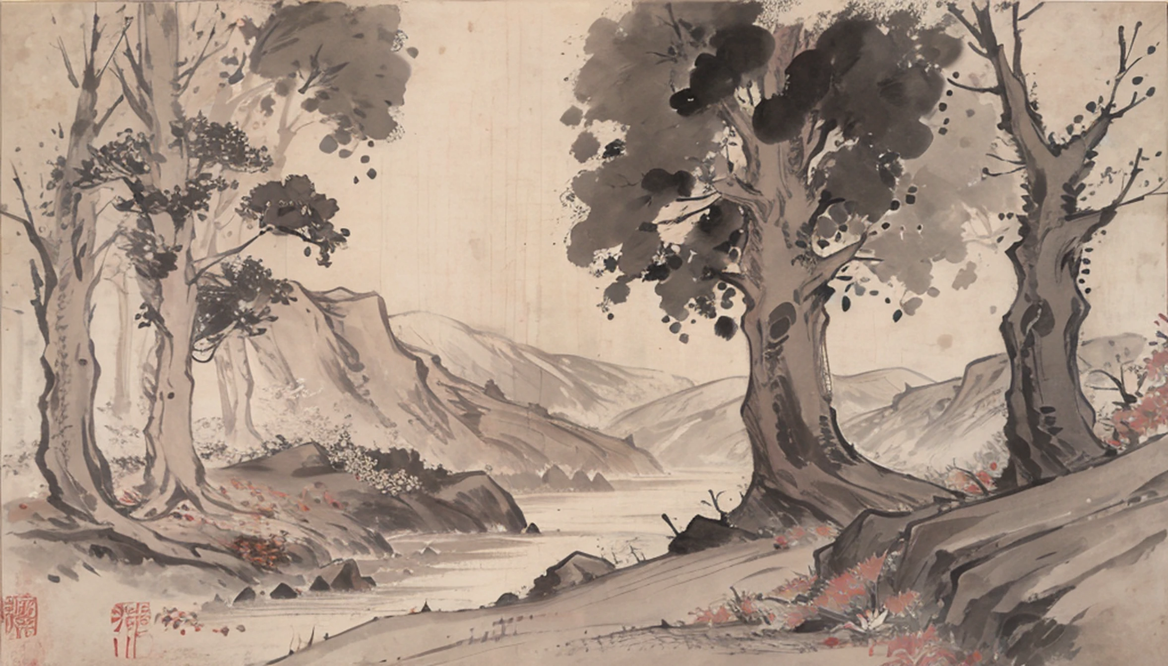 Traditional Chinese ink painting, meadows, flowers, trees, panorama