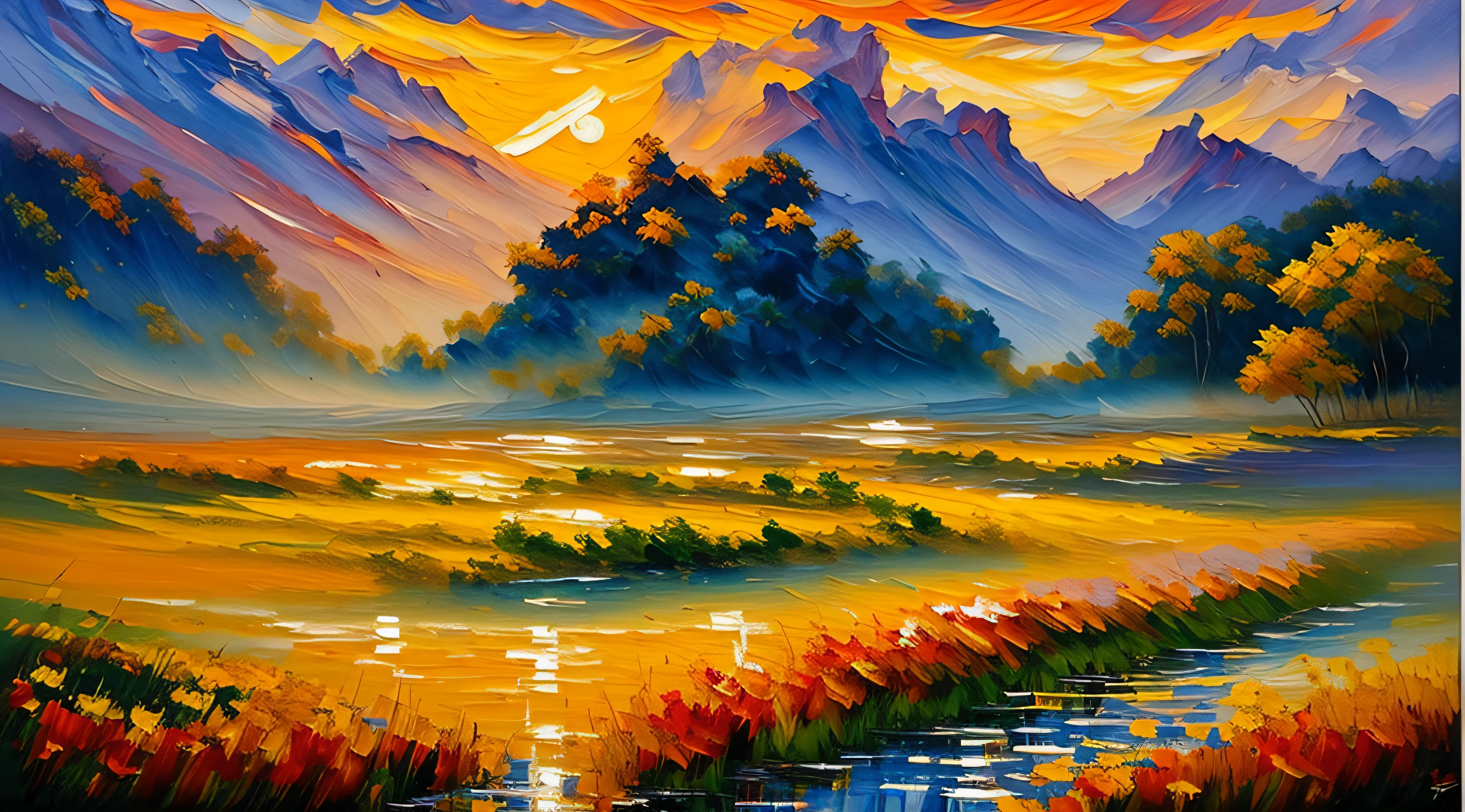 (Impressionist Oil Dry Brush Painting) +, The way the sun touches the sparkling dew on a warm and vivid morning, Fields next to a magnificent misty waterfall, Vivid colors, Paint (strokes) +