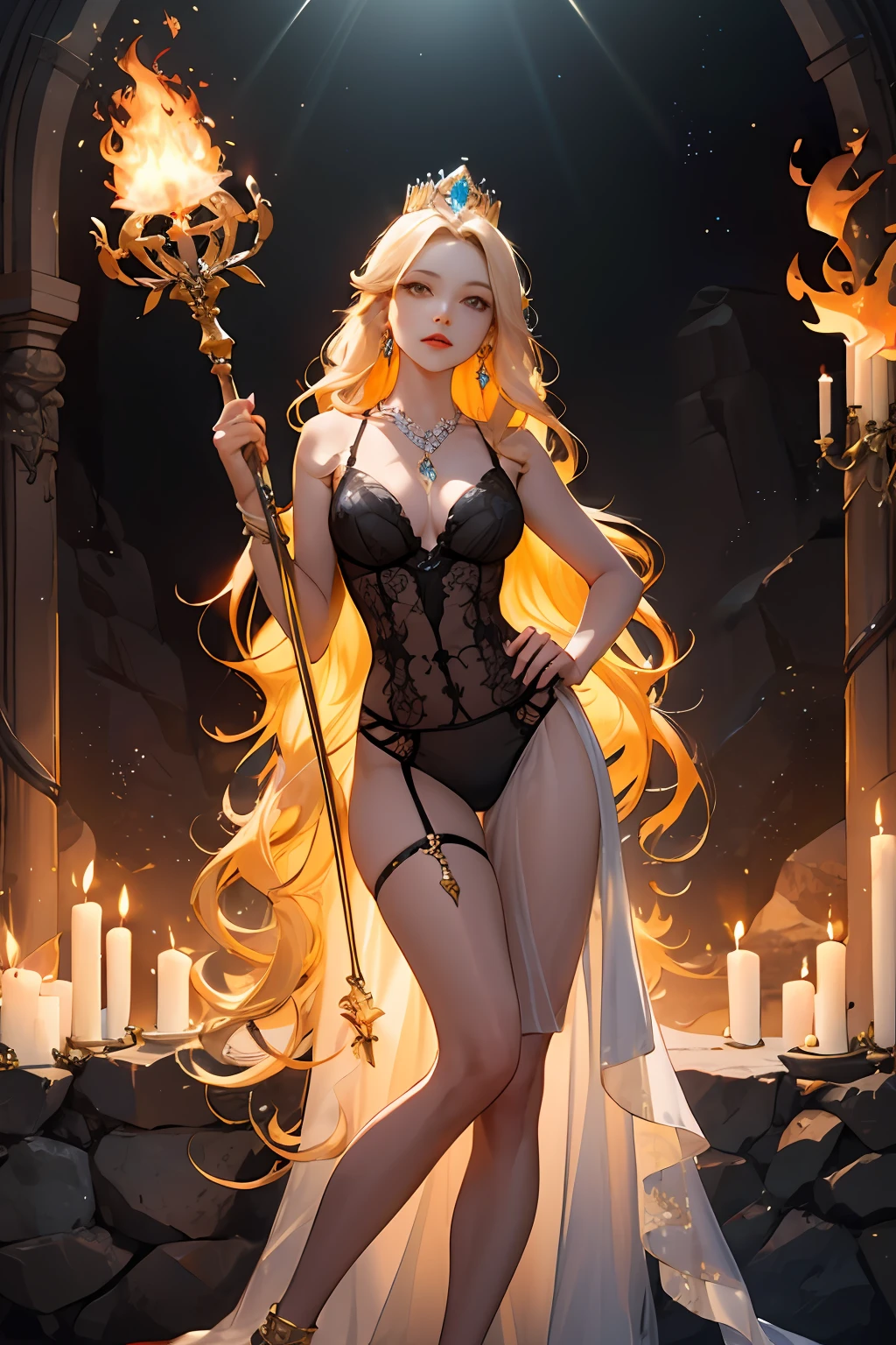 1 woman with colorful eyes, yellow wavy long hair, crystal canyon background, looking at the audience, extremely detailed CG unity 8k wallpaper, sexy, black lingerie, half-body, tulle, crown, gemstone necklace, right hand scepter, left hand holding flame, expression seduction, holy light, long legs