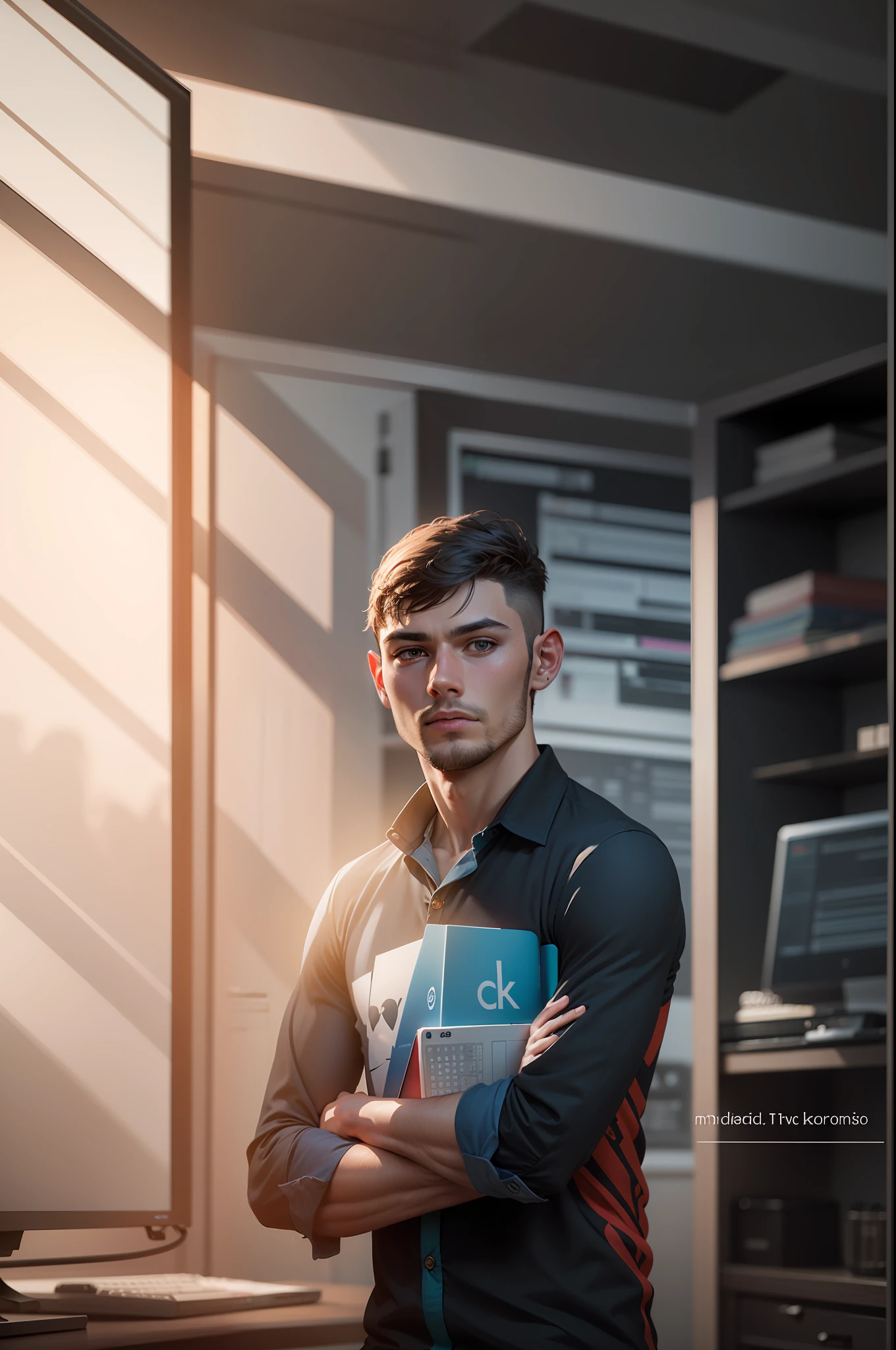 Change background like editor studio and computer's lightings,handsome boy, realistic face, 8k, ultra realistic