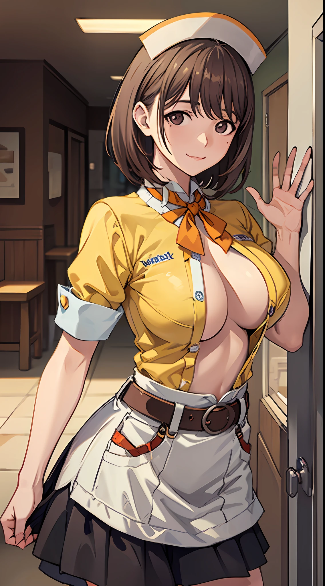 Anime girl with big breasts posing in front of the window, (((Waitress Uniform: 1.2)))), ((Yellow Uniform)), ((No Bra)), (Full smile)))), ((Upper body)), ((Focus on people)), ((Brown hair)), ((Looking from the front)), (Waving)), Seductive anime girl, Best anime 4k Konachan wallpapers, charming anime girls, 4k anime wallpapers, 4k manga wallpapers, detailed digital anime art, anime best girls, beautiful anime girls, cyberpunk, detailed anime artwork, beautiful attractive anime women