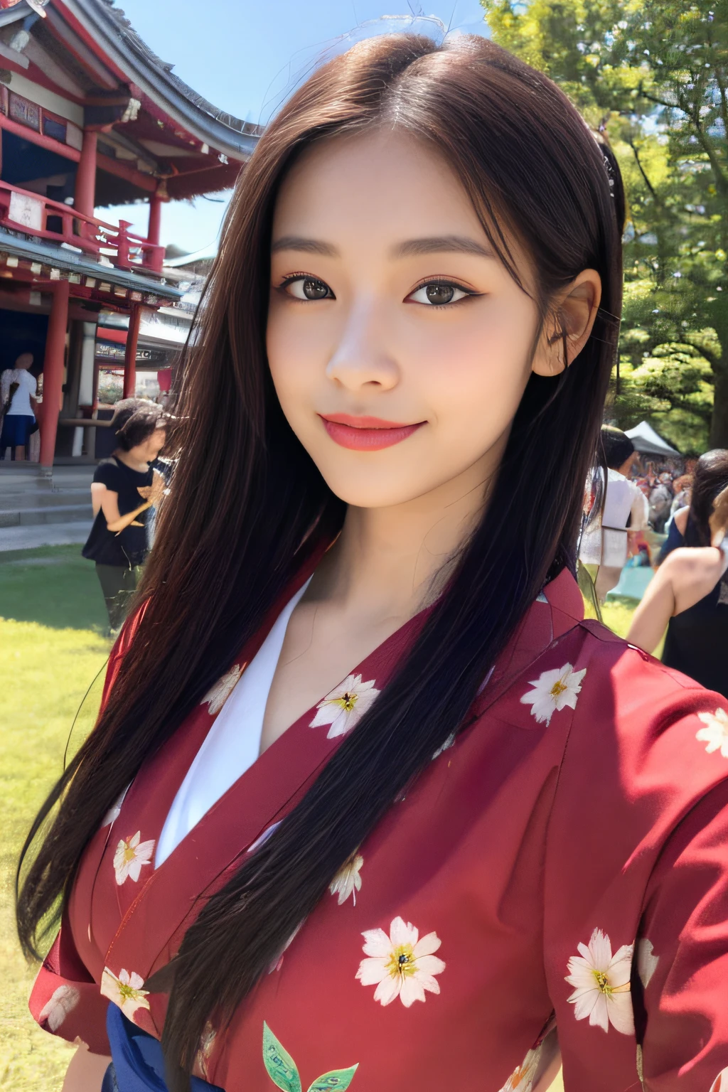 ((masterpiece, highest quality, super definition, high definition)), solo, beautiful girl, shining eyes, perfect eyes, beautiful sister in Japan, red yukata, background is summer festival, high quality, 4K. festival, outside, temple