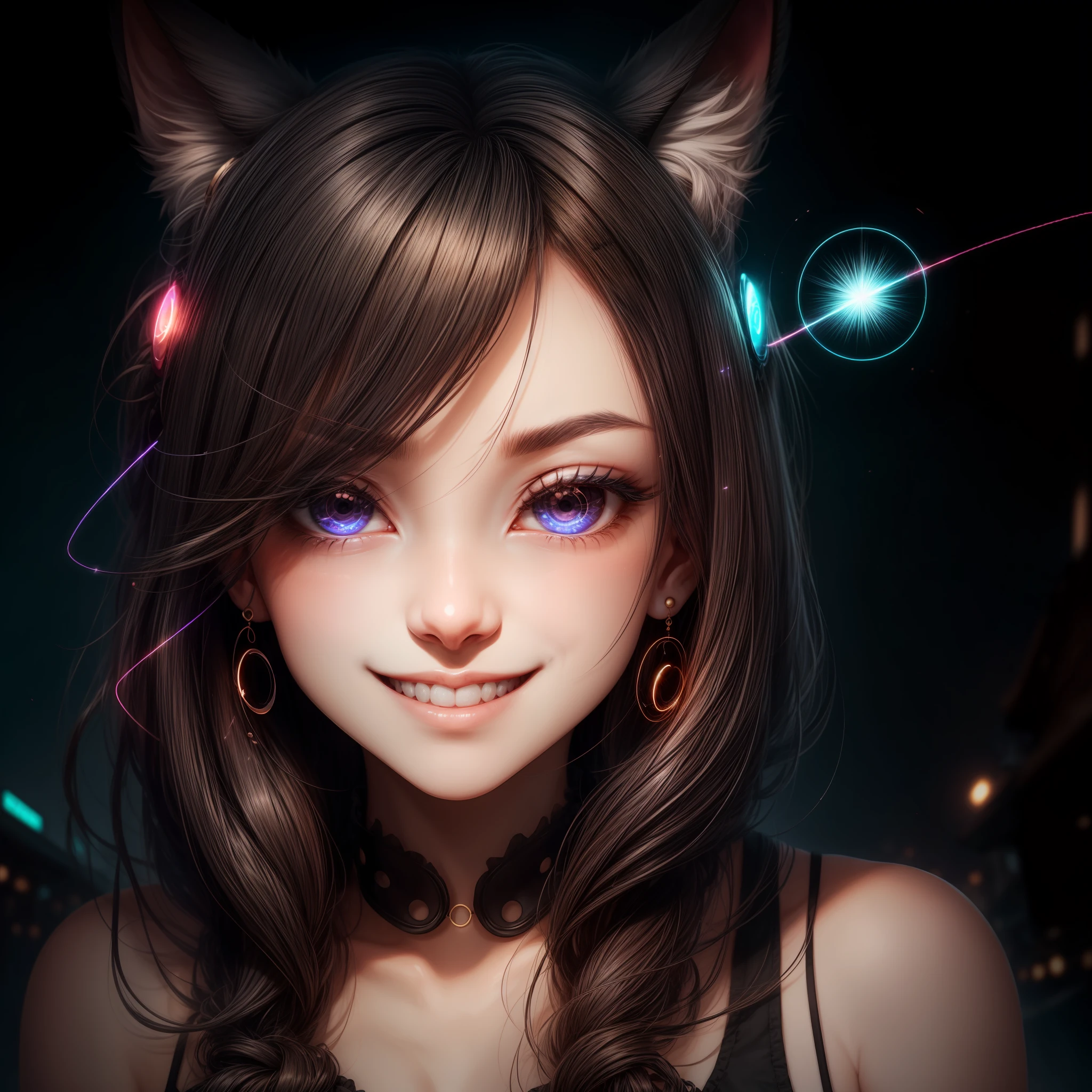 black hair, hair bobbles, wince, longeyelashes, solid circle eyes, fake animal ears, light smile, ear blush, fang, Surrealism, drop shadow, anaglyph, stereogram, tachi-e, pov, atmospheric perspective, 8k, super detail, ccurate, best quality --auto