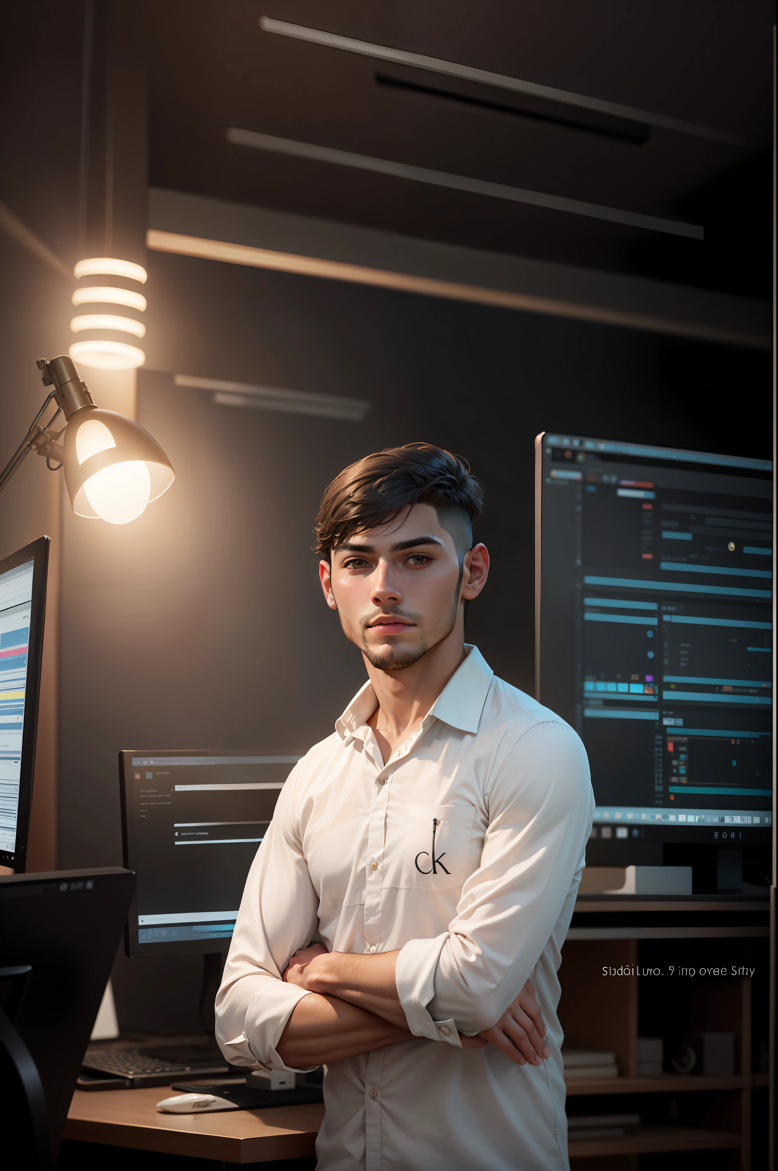 Change background like editor studio and computer's lightings,handsome boy, realistic face, 8k, ultra realistic