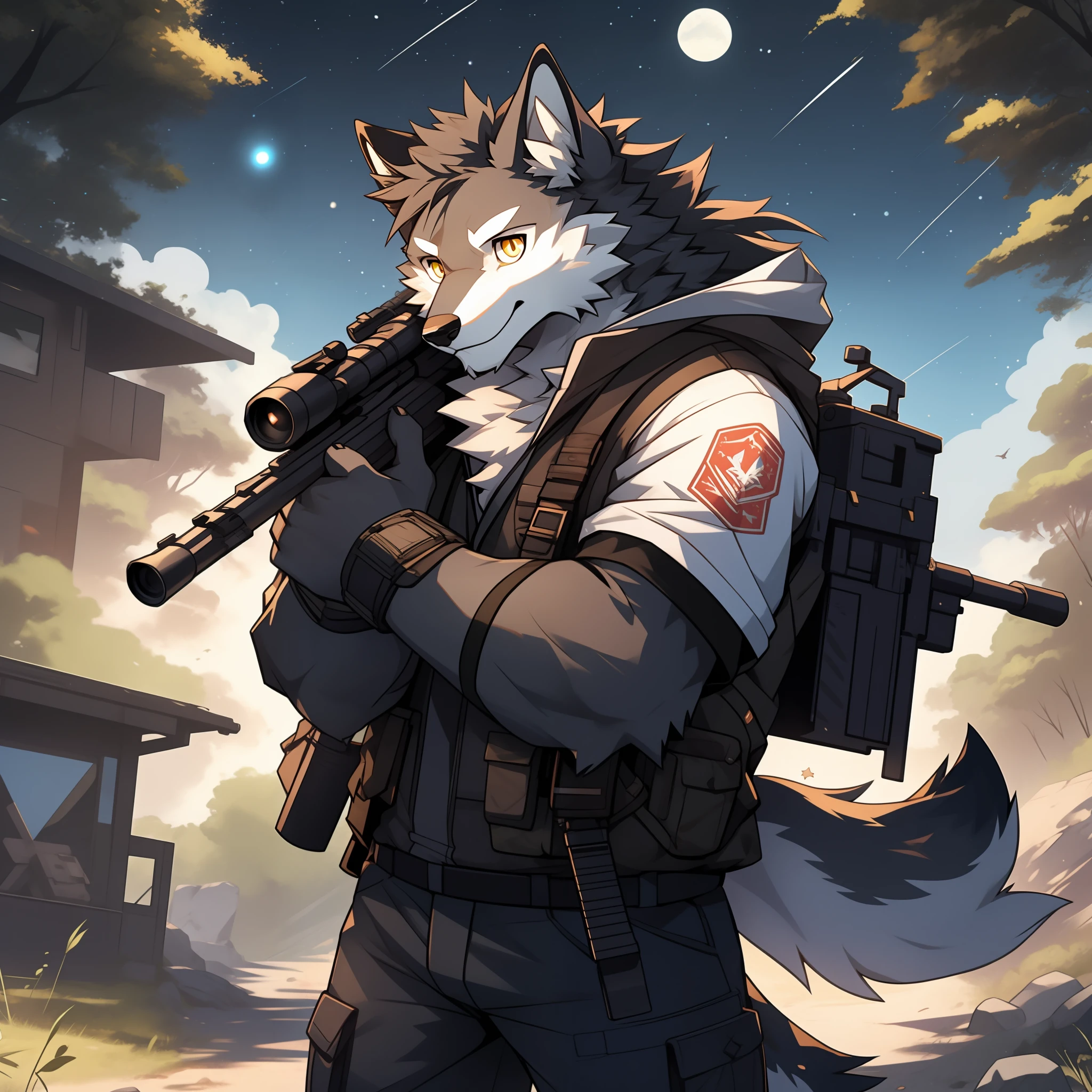 Gray wolf, furry, holding a sniper rifle, long hair, male, stars in pupils, yellow pupils