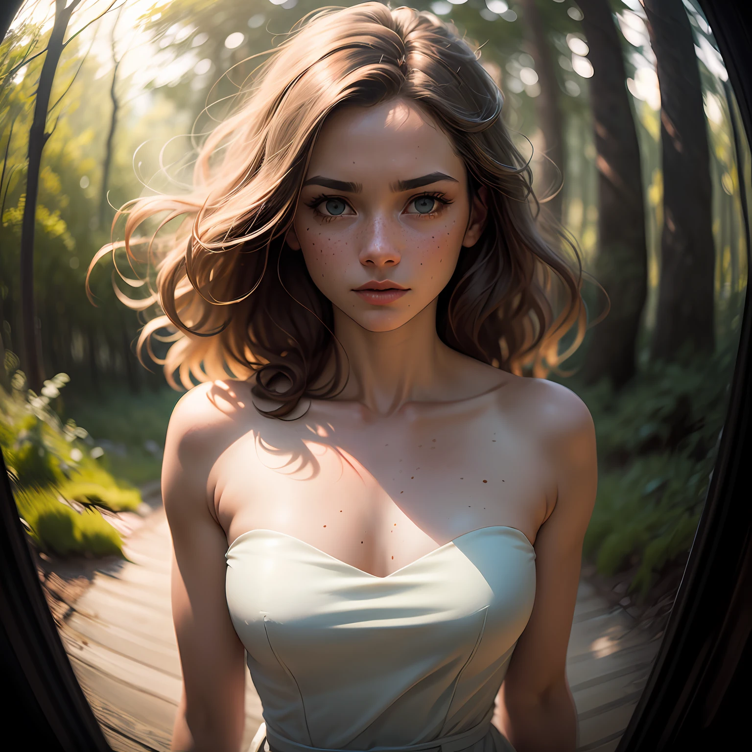 deep shadow, sinister, award winning photo, best quality, masterpiece, upper body, woman, freckled face, windblown blonde hair, emerald eyes, modern strapless dress by Jeremy Lipking, by Antonio J. Manzanedo, by lee jeffries nikon d850 film stock photograph 4 kodak portra 400 camera f1.6 lens rich colors hyper realistic lifelike texture dramatic lighting unreal engine trending on artstation cinestill 800, fisheye lens, Style-Kilt, windy beach, scottish loch, forest --auto