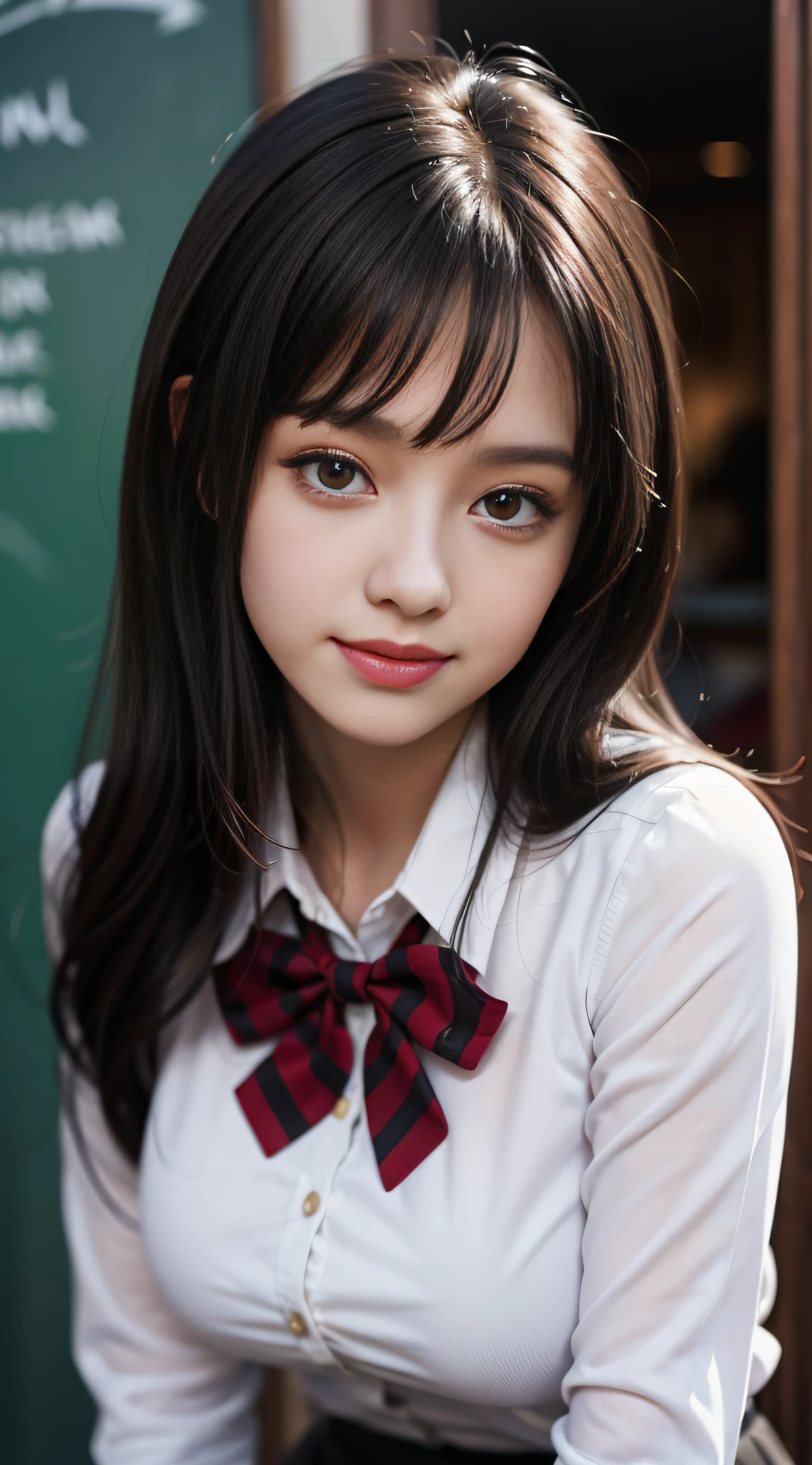 (dasha taran),upper half of body,Big eyes,small face,school uniform,bangs,in the dark,thick body:1.8,huge breasts:1.8,smile
