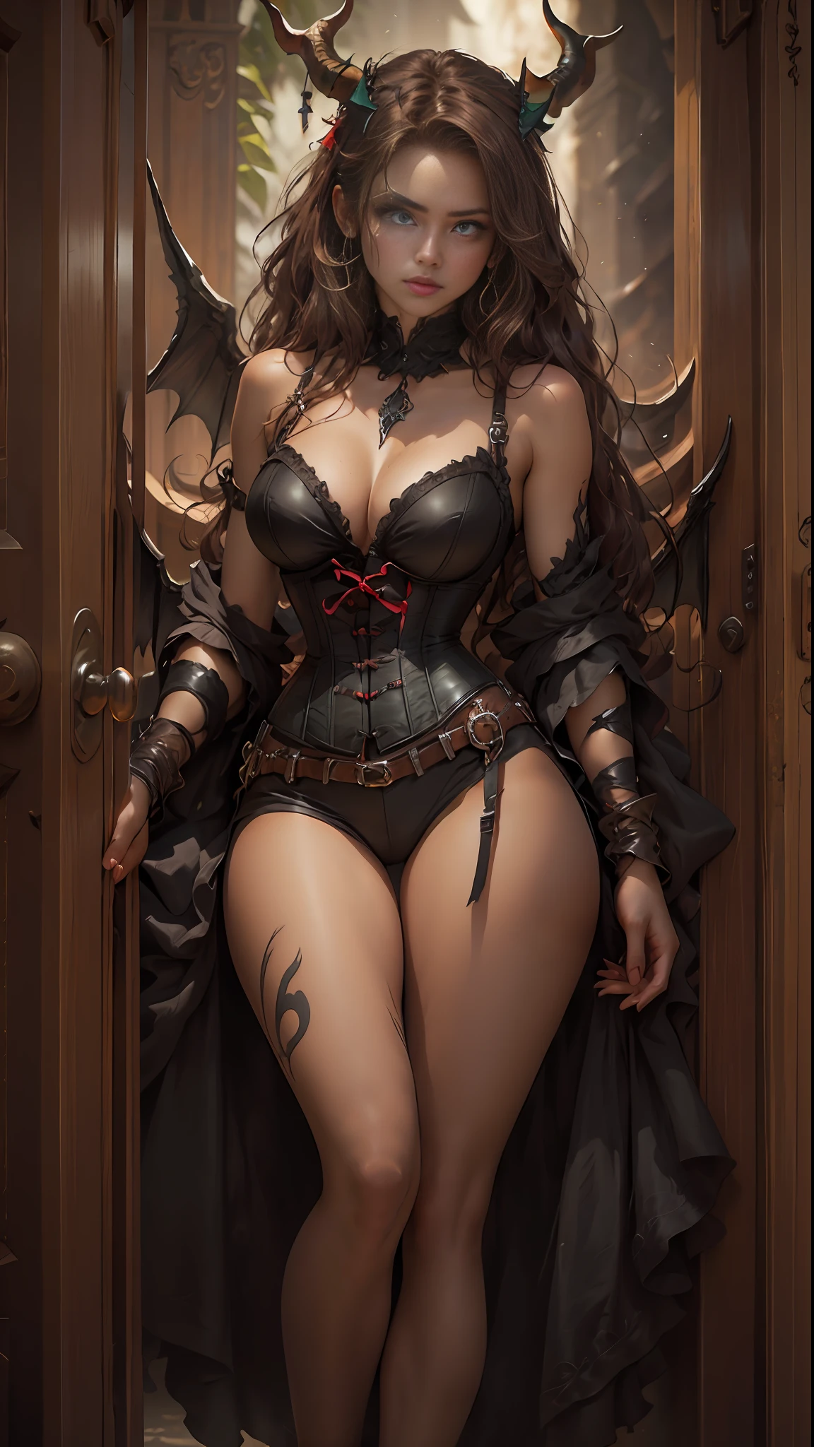 (((Perfect eyes))), ((Perfect limbs))), ((Perfect feature))),Realistic masterpiece of a red demon girl with long brown hair ,  a corset, horns, black wings, cat eyes, and perfect green eyes in a dark environment.