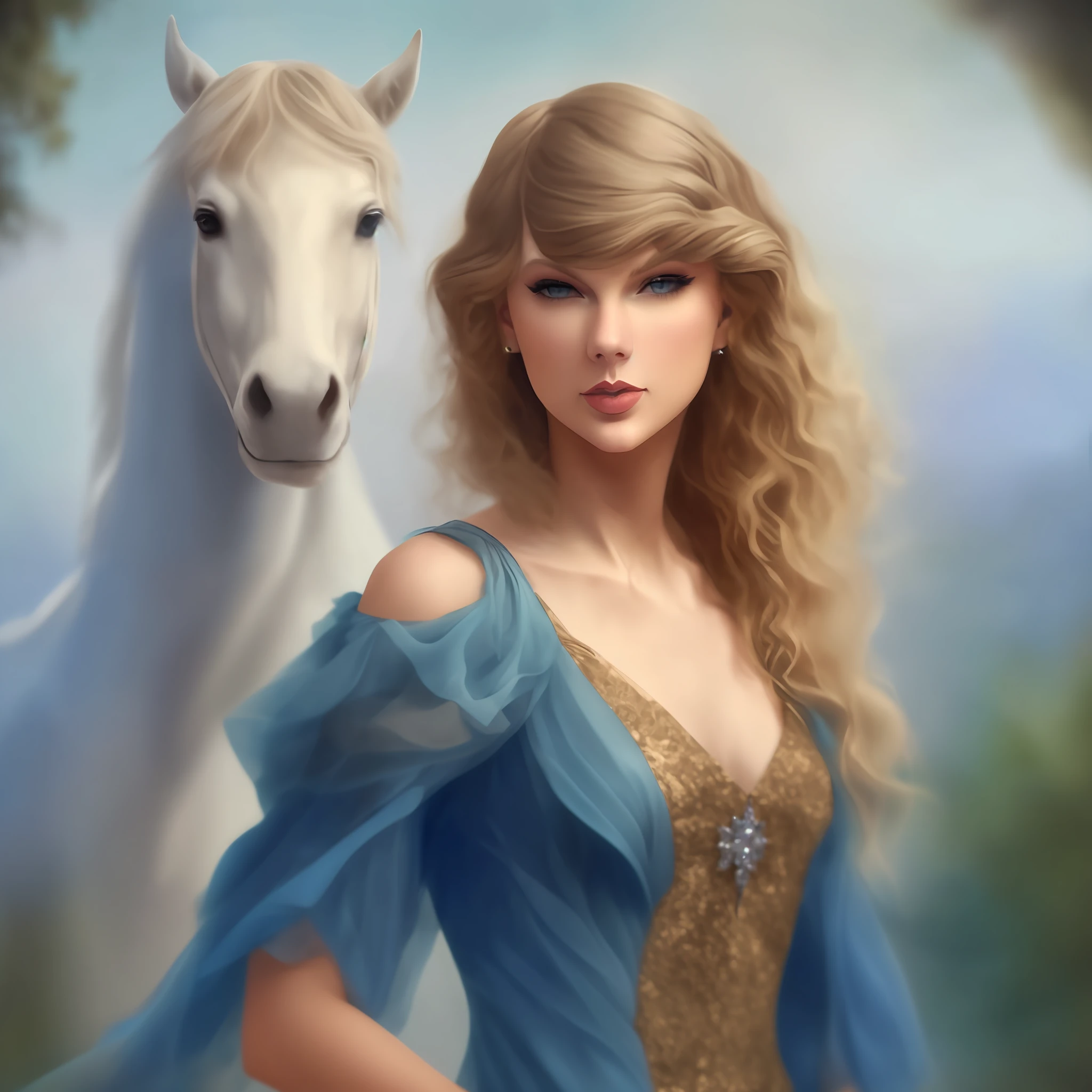 (Taylor Swift:1.2),"beautiful white horse",(luminous white:1.1) satin dress, (fine-art quality:1.1), elegant pose, gentle expression.