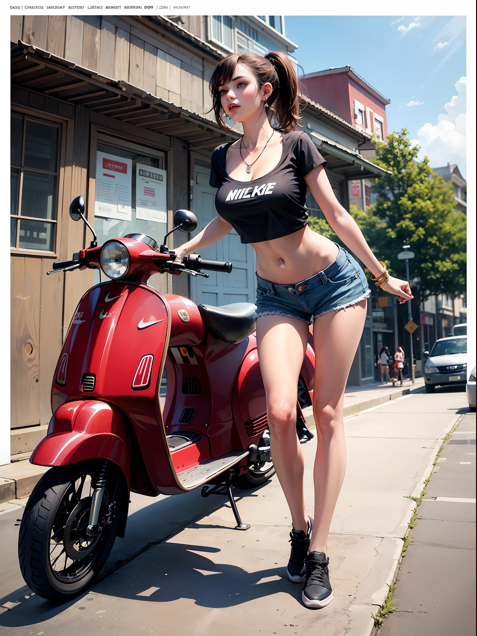 Best quality, full body portrait, delicate face, red short hair, ponytail, forehead, 18 year old girl, slim figure, huge bust, oversized crop top T-shirt, bel, leaning forward, crotch gap, cameltoe, low-waist shorts, seen string of bikini bottoms, sunset bridge, vintage vespa behind, scene, standing tall, long leg , necklace, rings, earrings, bracelet, watch, Nike Air Jordan, open legs