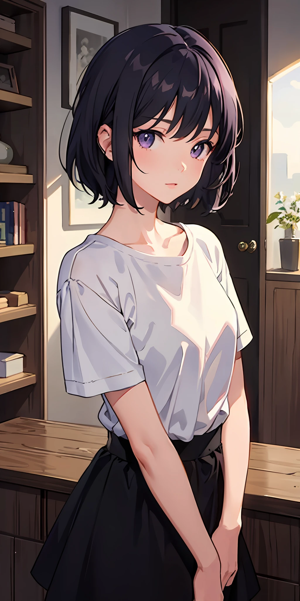 positive:((masterpiece)), (((best quality))), ((ultra-detailed)), ((illustration)), ((disheveled hair)), {{{1girl}}}, short hair,purple eyes,black hair,