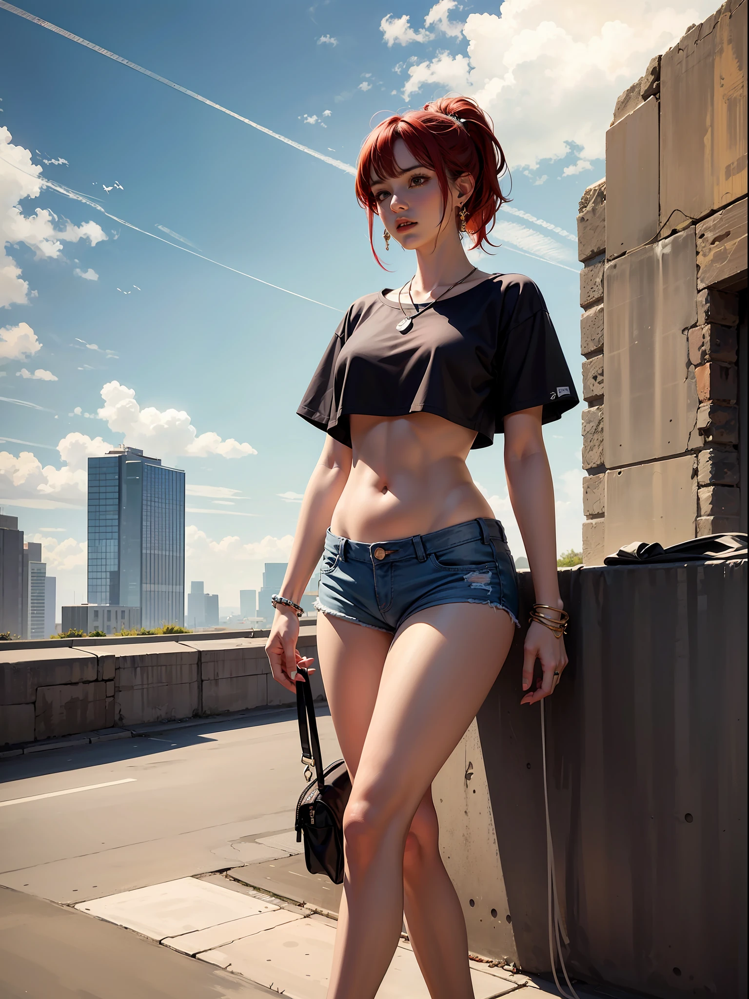 Best quality, full body portrait, delicate face, red short hair, ponytail, forehead, 18 year old girl, slim figure, huge bust, oversized crop top T-shirt, belly, small waist, crotch gap, cameltoe, low-waist shorts, string bikini bottoms, sunset bridge, scene, standing tall, long leg , necklace, rings, earrings, bracelet, watch, Nike Air Jordan, open legs