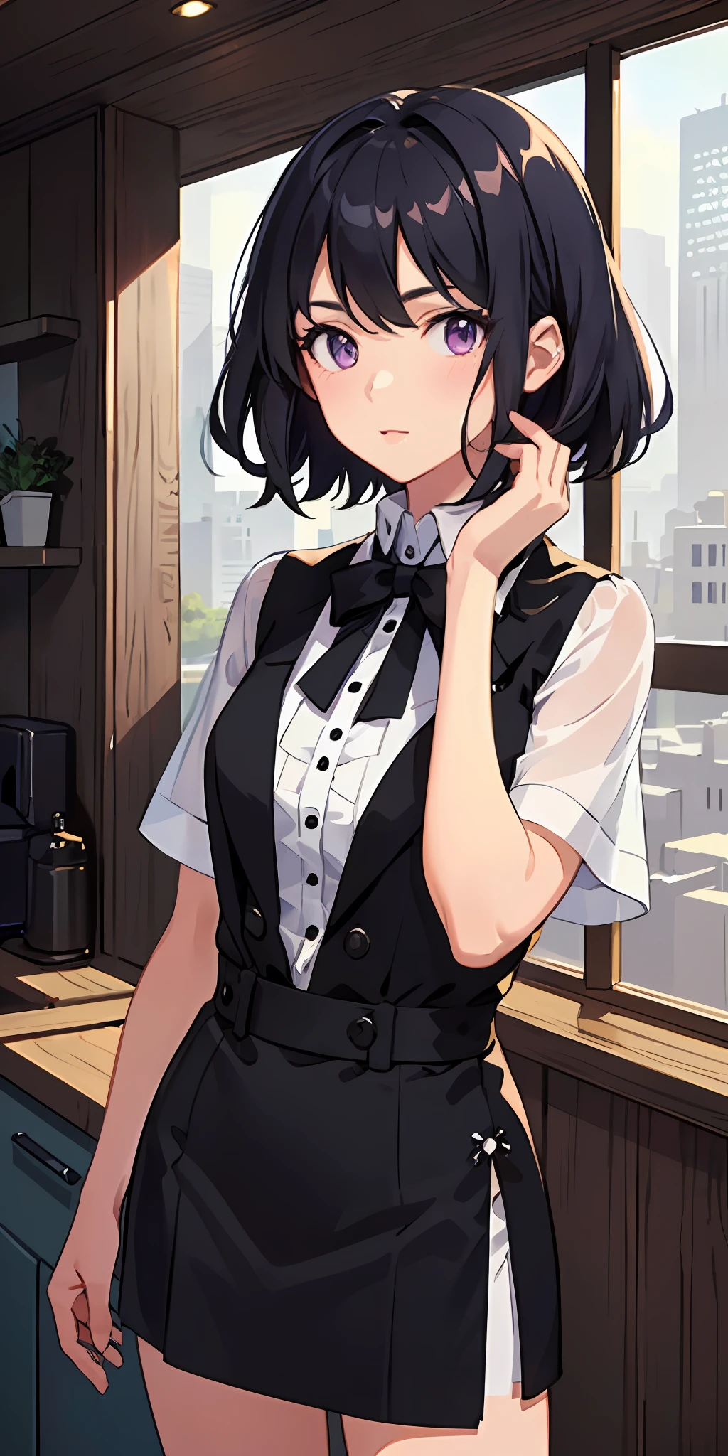 positive:((masterpiece)), (((best quality))), ((ultra-detailed)), ((illustration)), ((disheveled hair)), {{{1girl}}}, short hair,purple eyes,black hair,