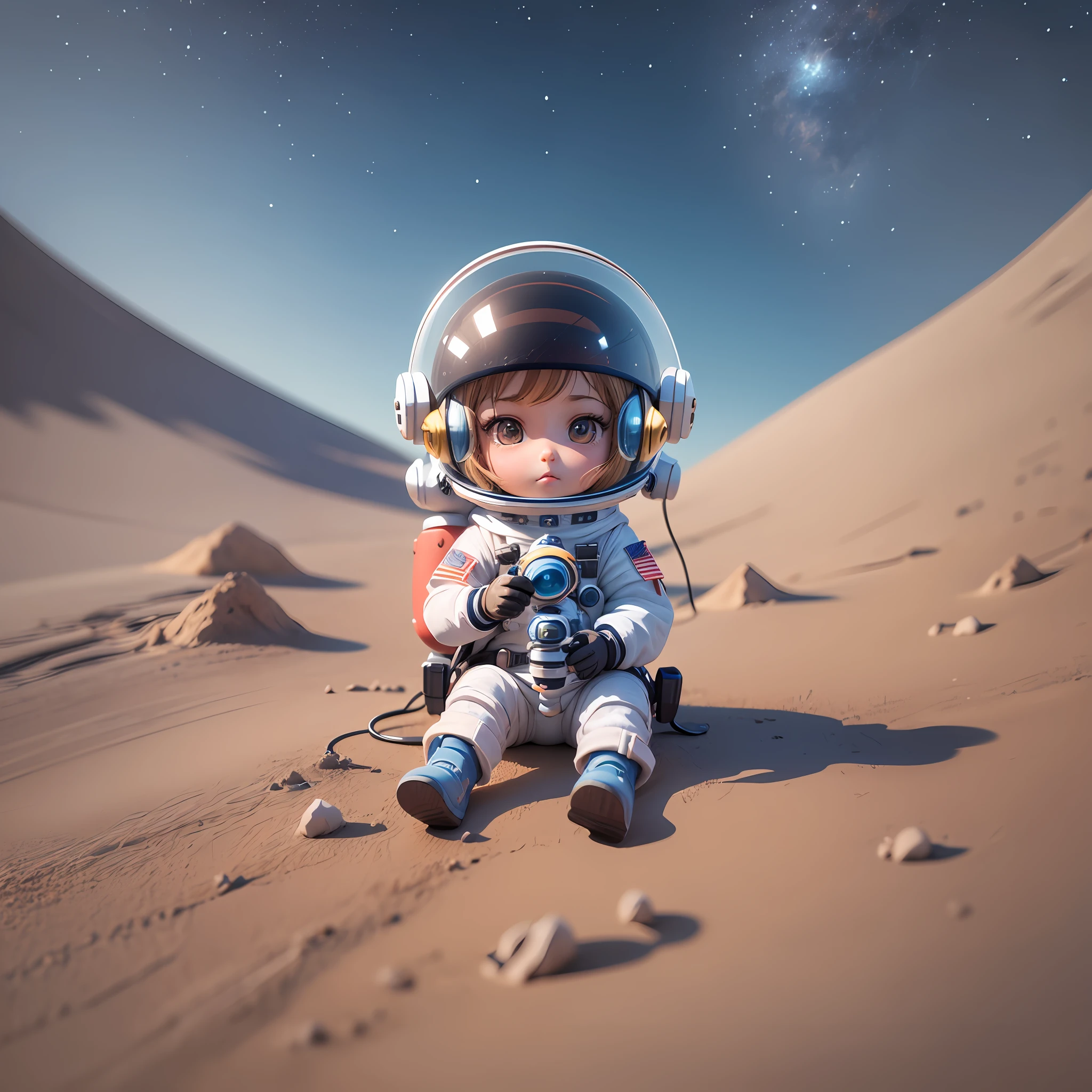 Toy with a little doll with a helmet, cute 3d render, cute detailed digital art, female explorer mini cute girl, cute digital painting, stylized 3d render, cute digital art, cute render 3d anime girl , the little astronaut looks up, cute! c4d, portrait anime space cadet girl, sitting on a white pedestal --auto --s2